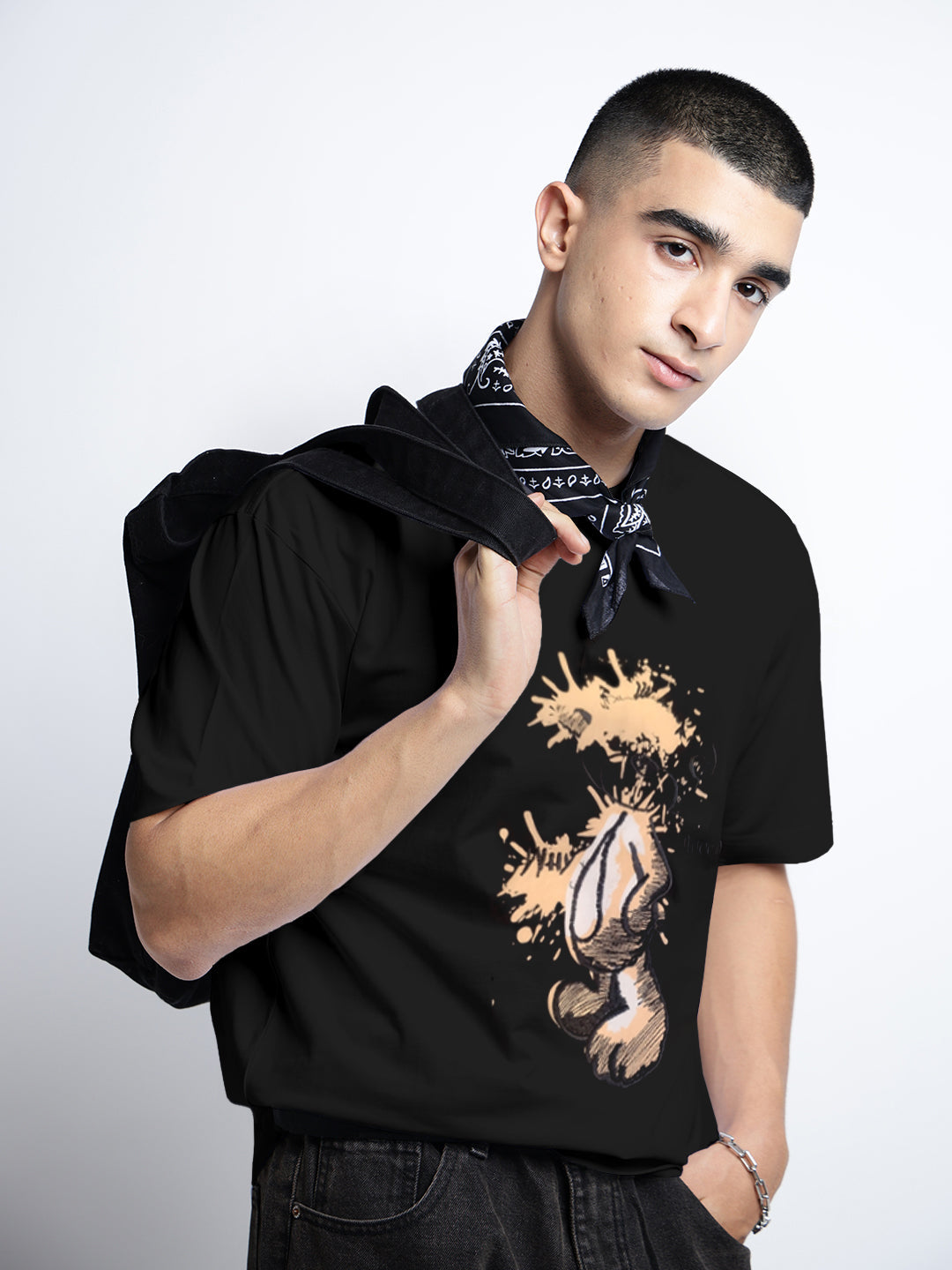 Men's Graphic Print Black Short Sleeves Round Neck Regular Fit T-Shirt