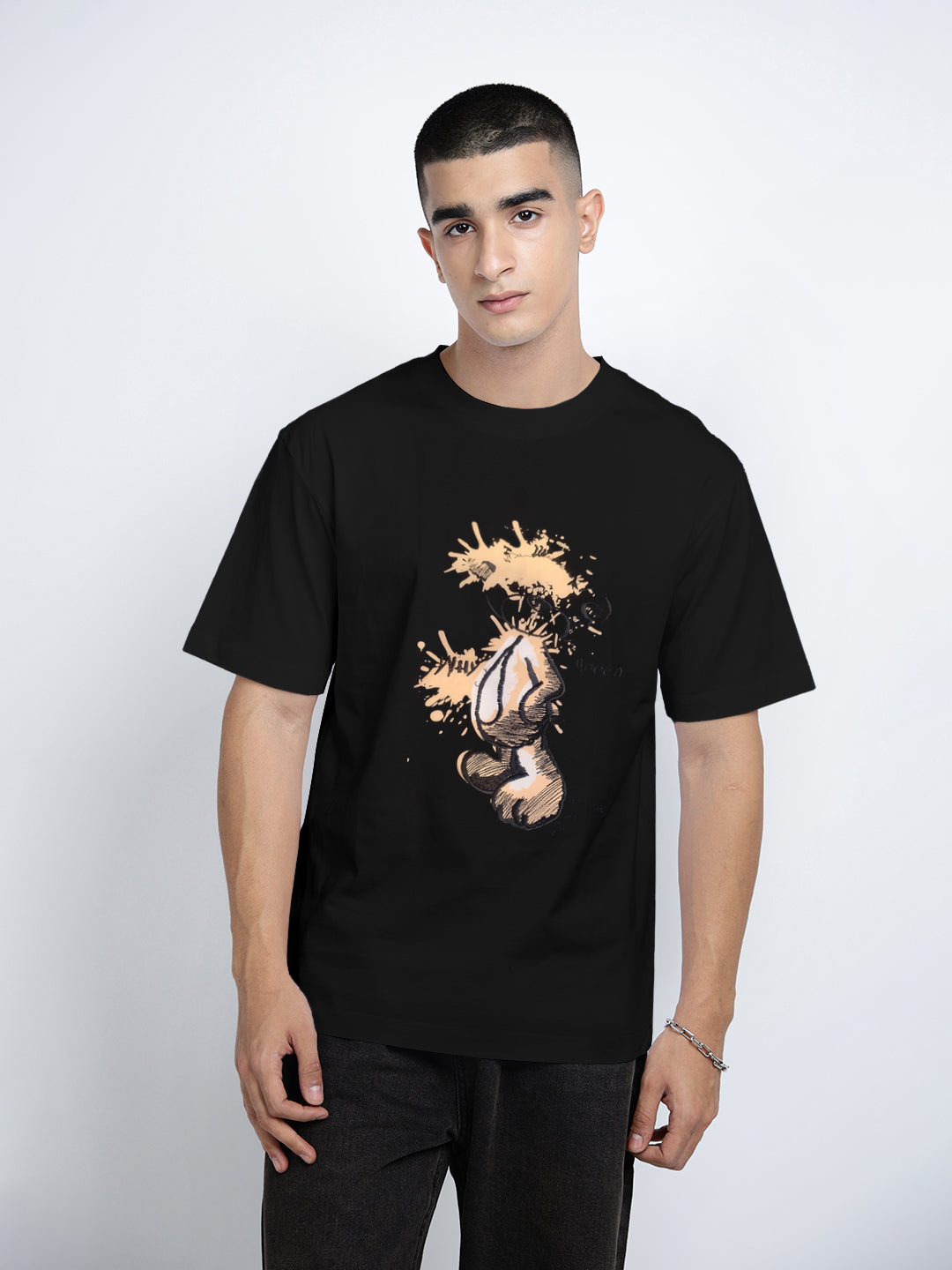 Men's Graphic Print Black Short Sleeves Round Neck Regular Fit T-Shirt