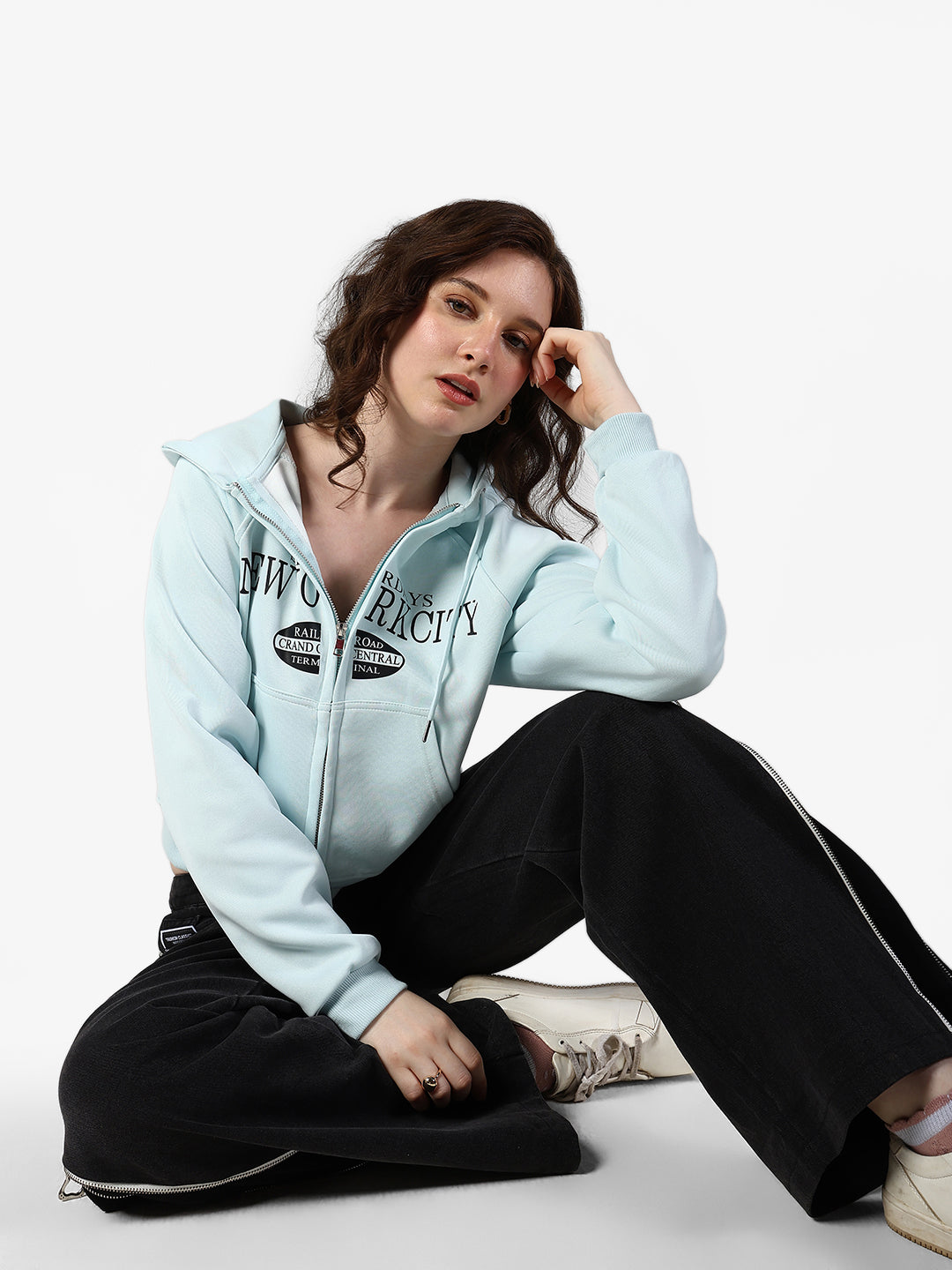 Women's Typography Blue Zip Up Hoodie