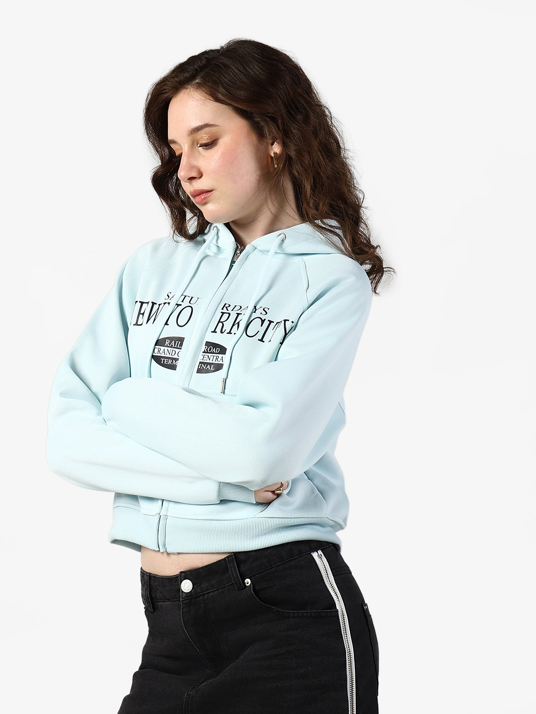 Women's Typography Blue Zip Up Hoodie