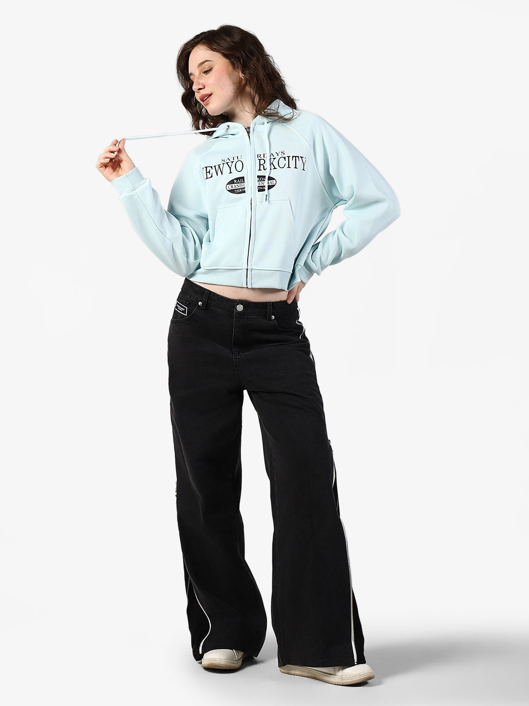 Women's Typography Blue Zip Up Hoodie