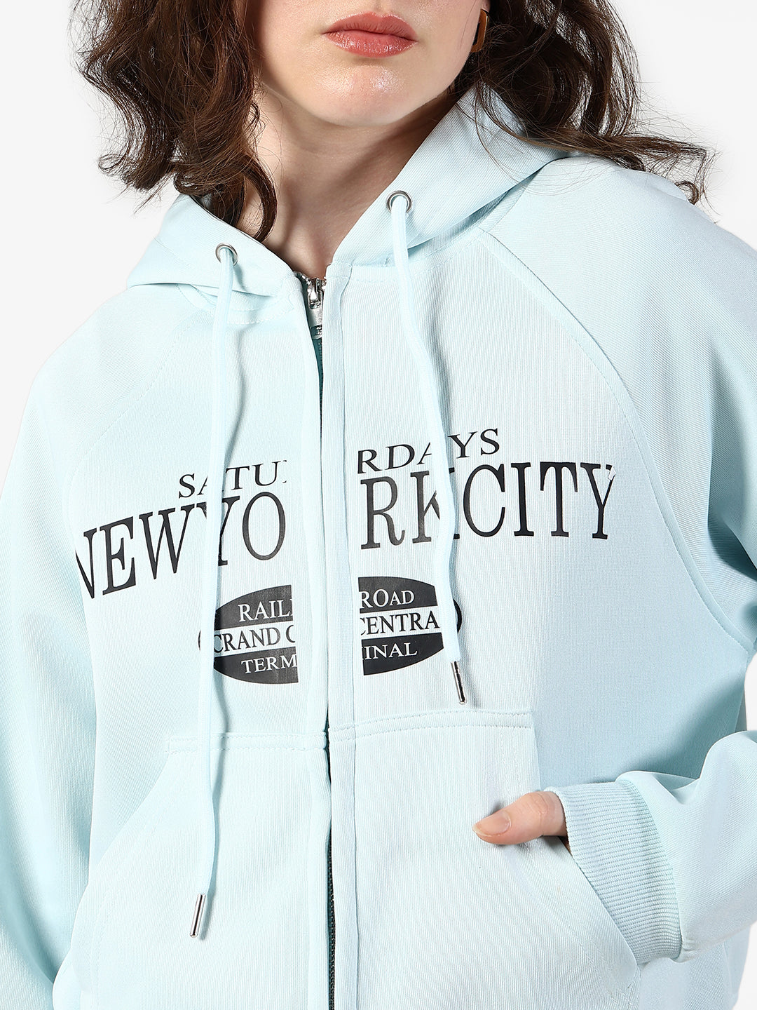 Women's Typography Blue Zip Up Hoodie