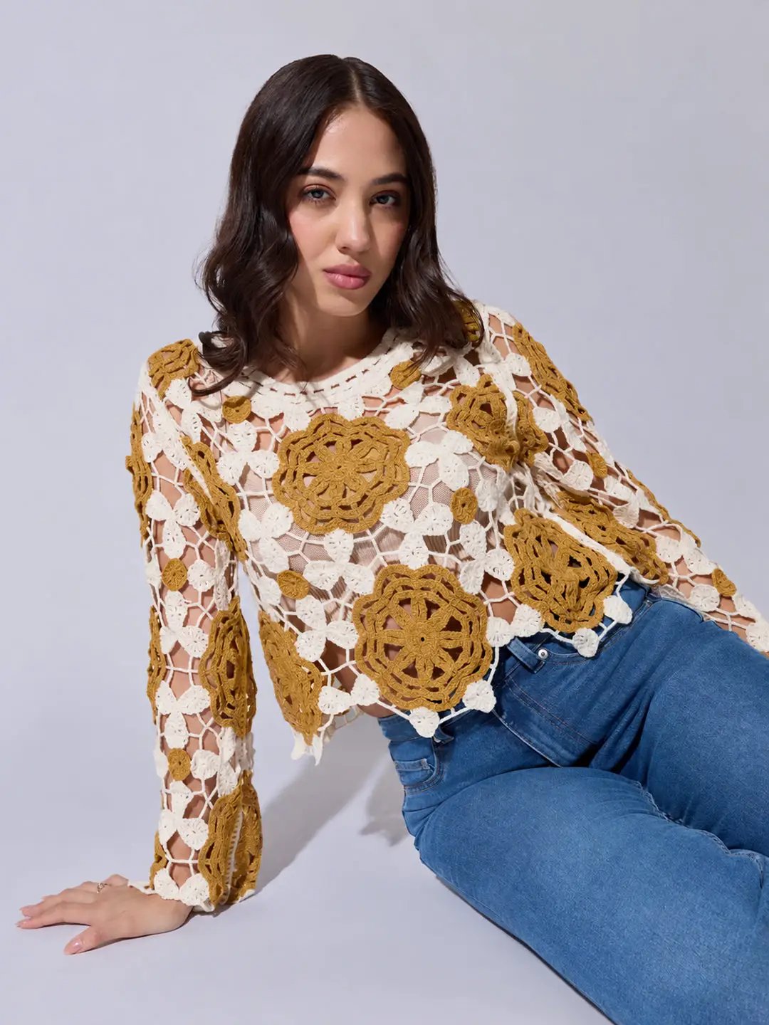 Women's Floral Crochet Mustard Long Sleeve Top