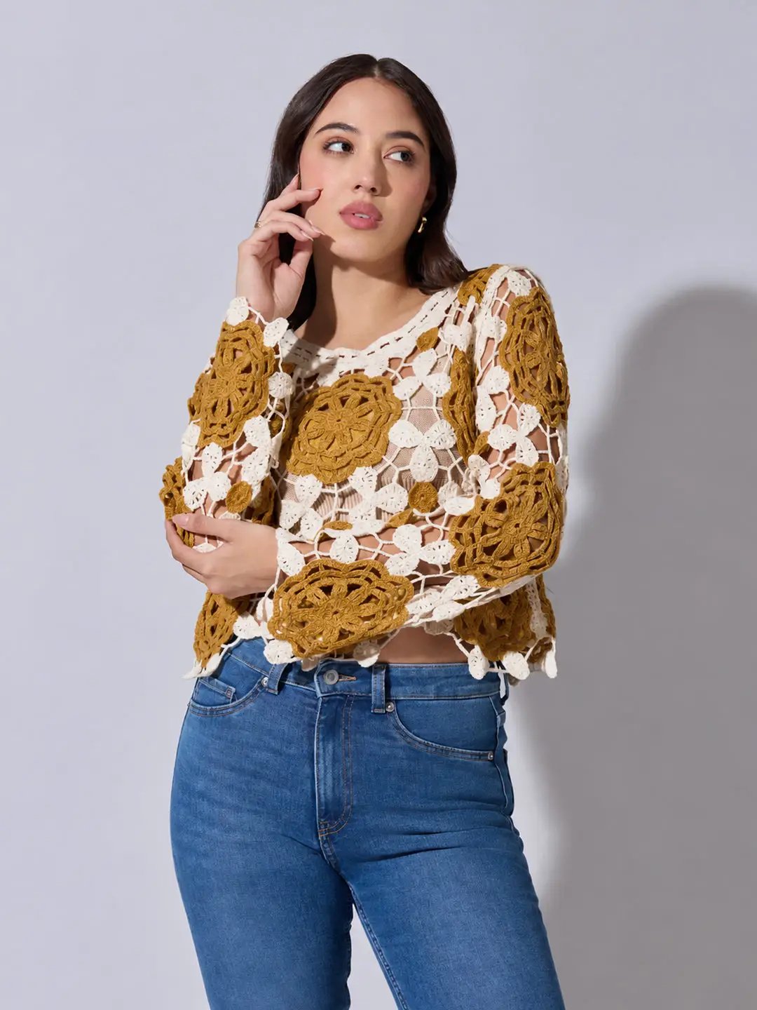 Women's Floral Crochet Mustard Long Sleeve Top