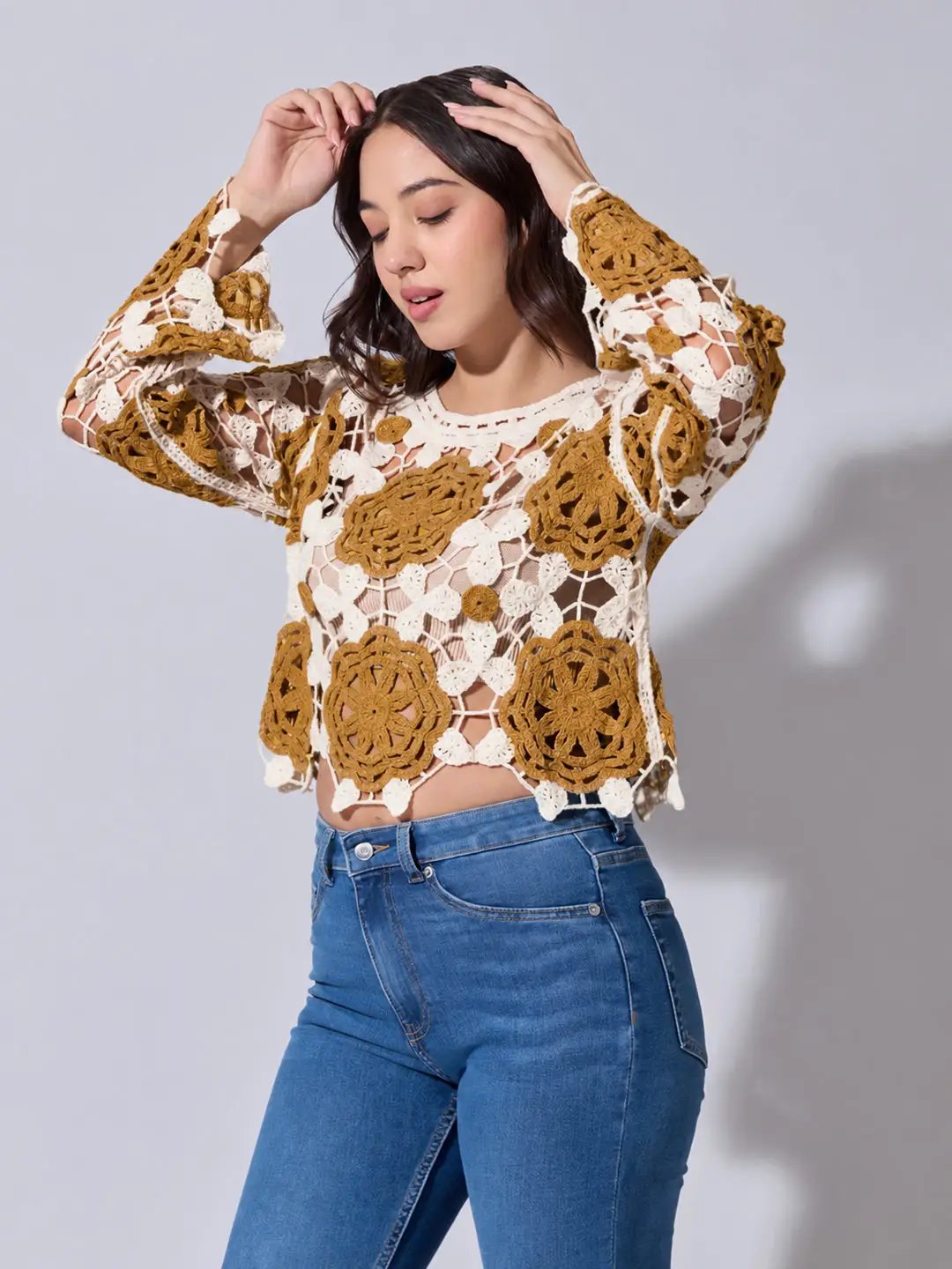 Women's Floral Crochet Mustard Long Sleeve Top
