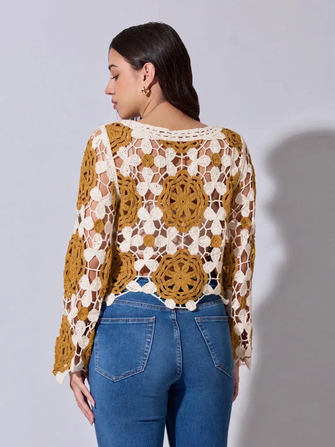 Women's Floral Crochet Mustard Long Sleeve Top