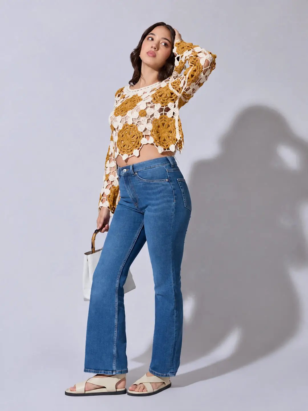 Women's Floral Crochet Mustard Long Sleeve Top