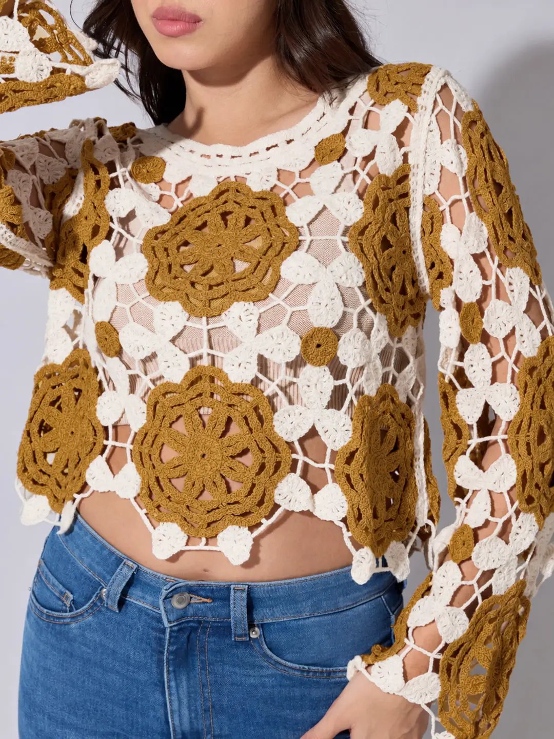 Women's Floral Crochet Mustard Long Sleeve Top