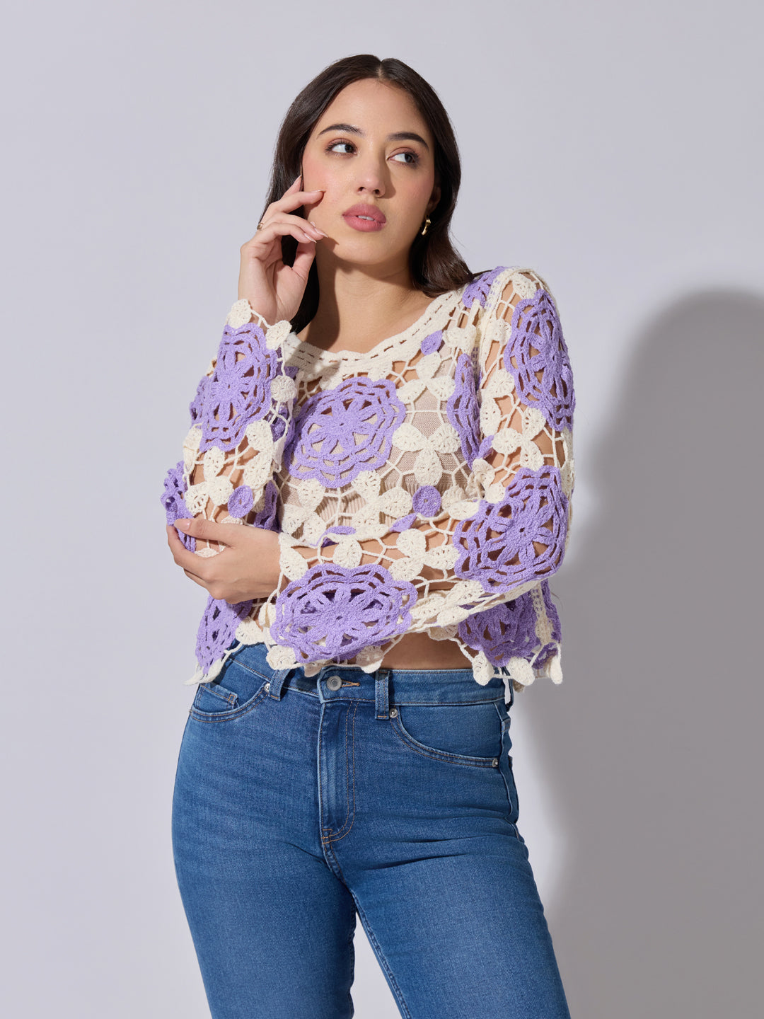 Women's Floral Crochet Purple Long Sleeve Top