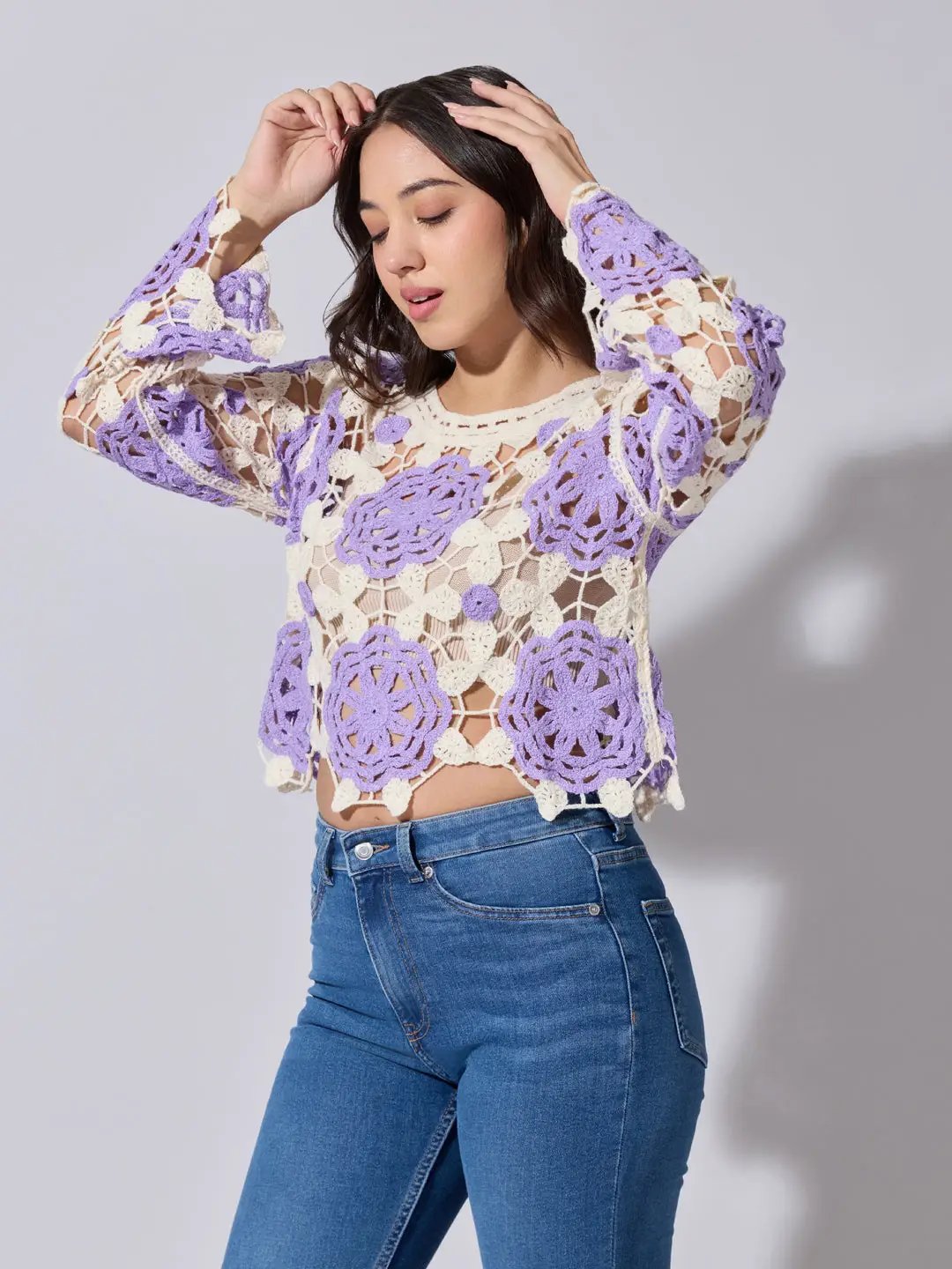 Women's Floral Crochet Purple Long Sleeve Top - from SHOWOFFFF