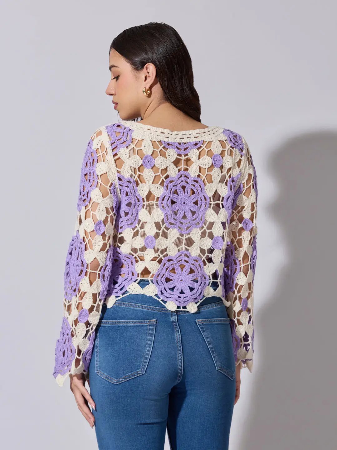 Women's Floral Crochet Purple Long Sleeve Top - from SHOWOFFFF