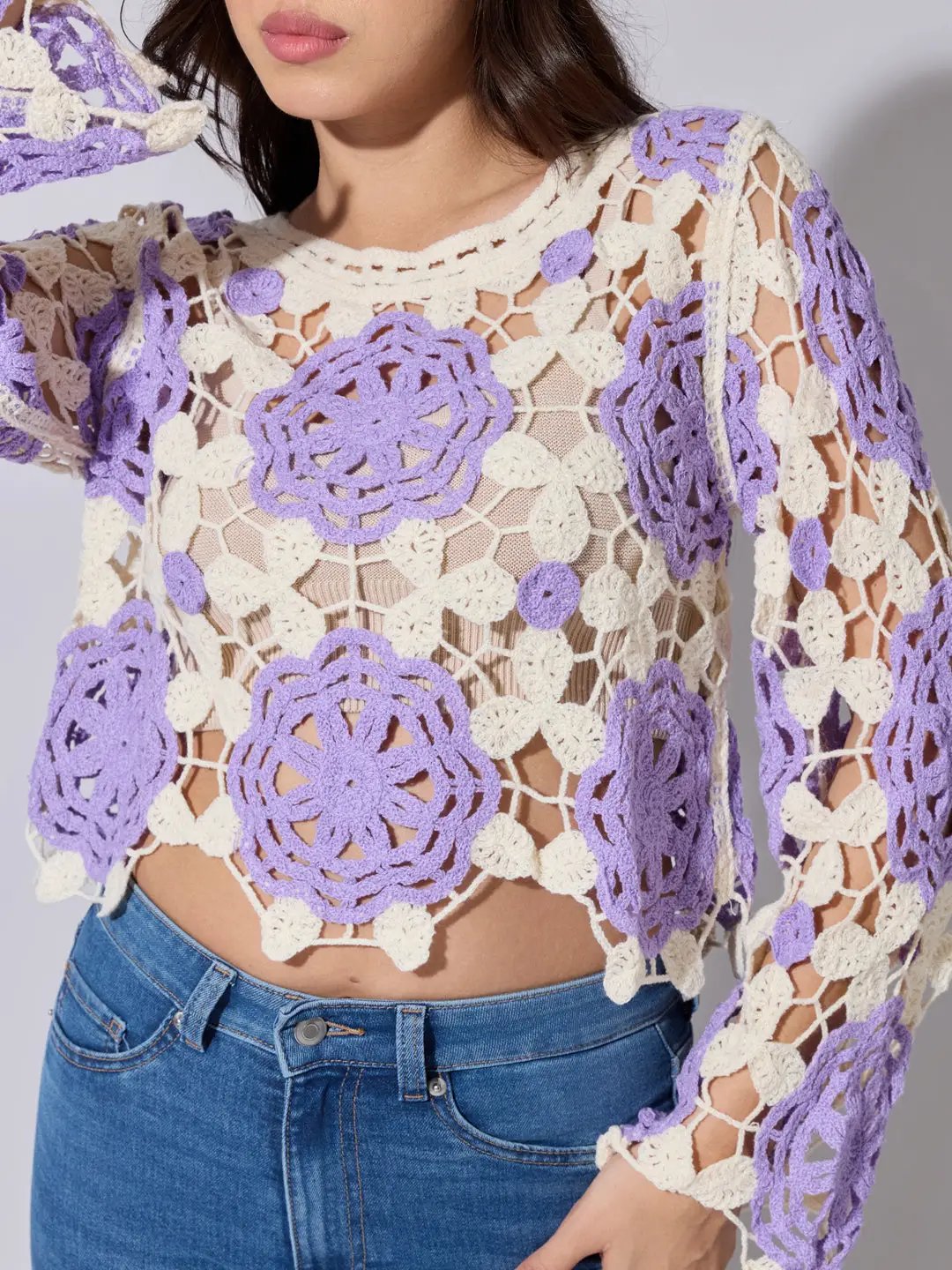 Women's Floral Crochet Purple Long Sleeve Top - from SHOWOFFFF