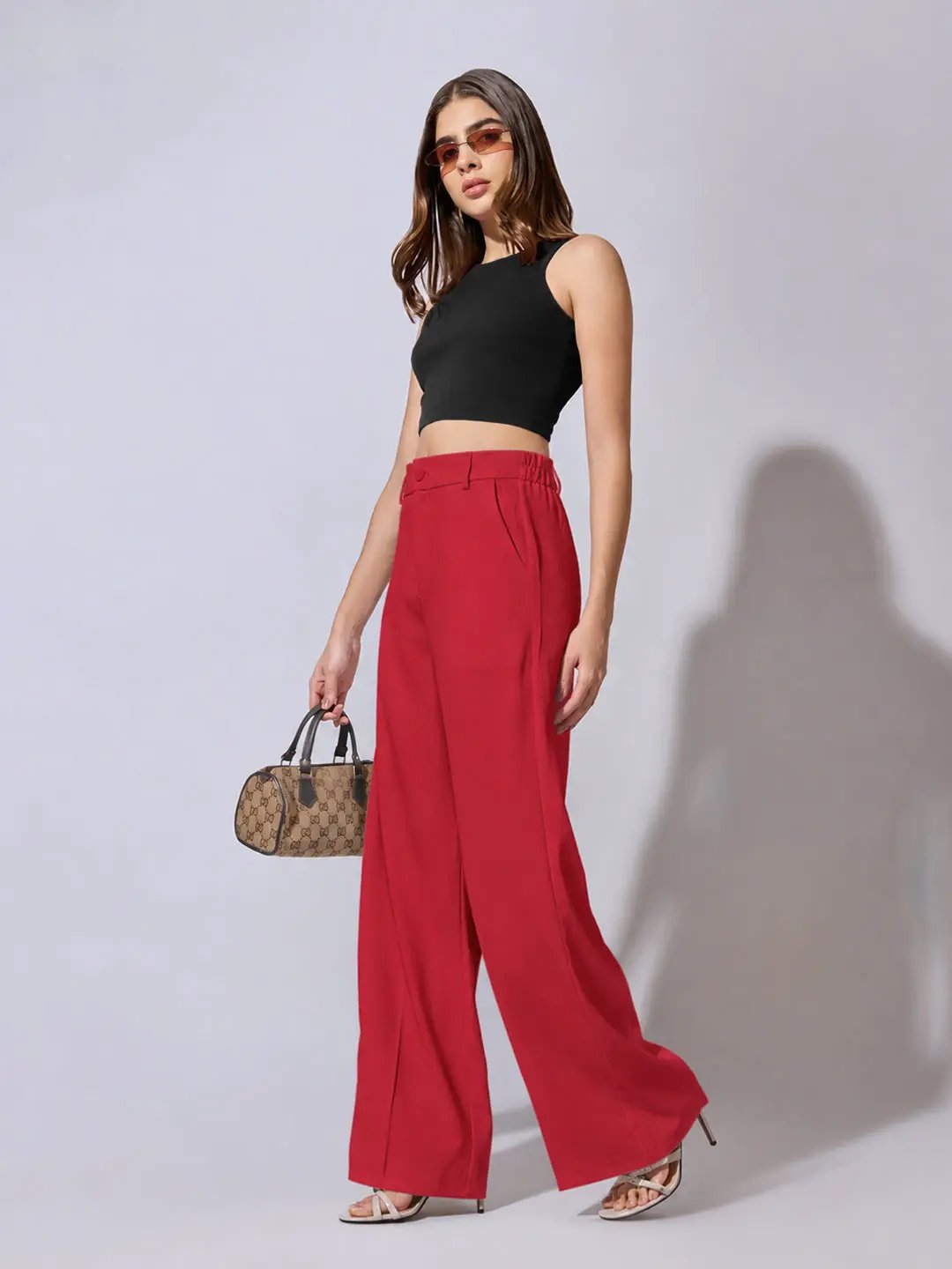 Women's Red High Rise Relaxed Fit Wide Leg Trousers with Side Pockets