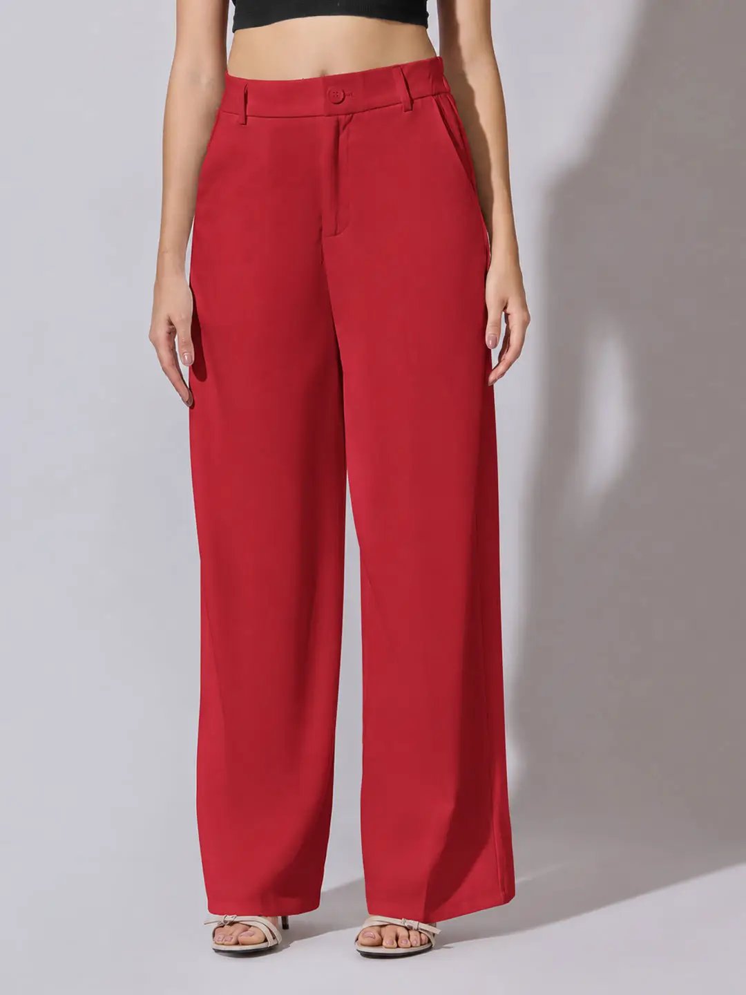 Women's Red High Rise Relaxed Fit Wide Leg Trousers with Side Pockets