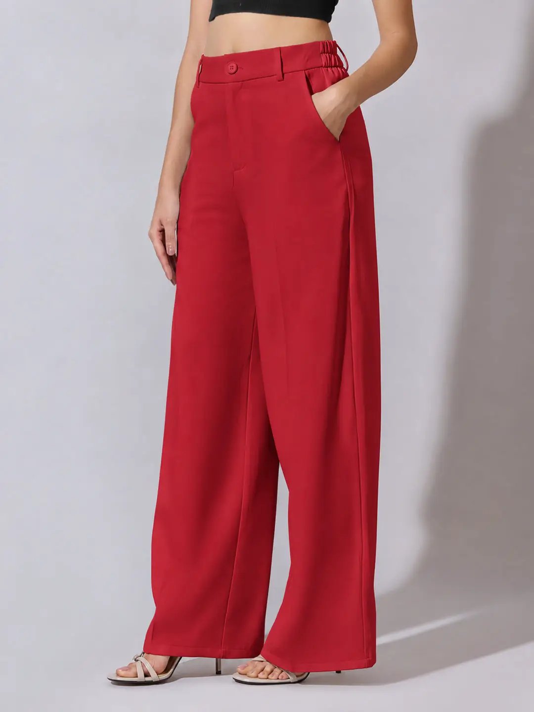 Women's Red High Rise Relaxed Fit Wide Leg Trousers with Side Pockets