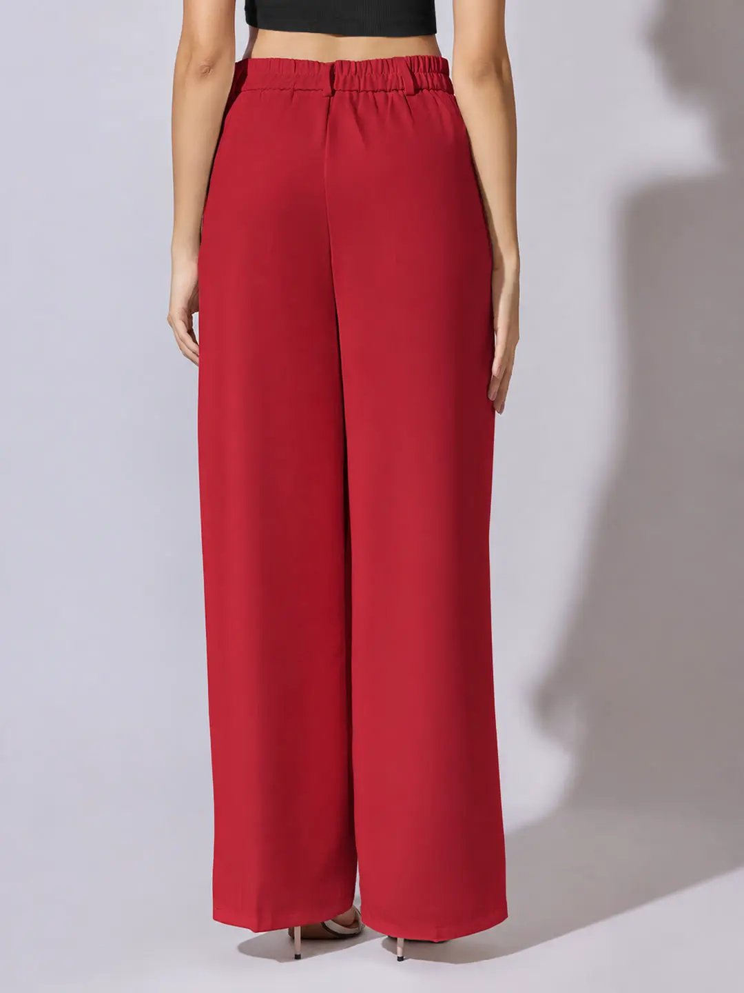 Women's Red High Rise Relaxed Fit Wide Leg Trousers with Side Pockets