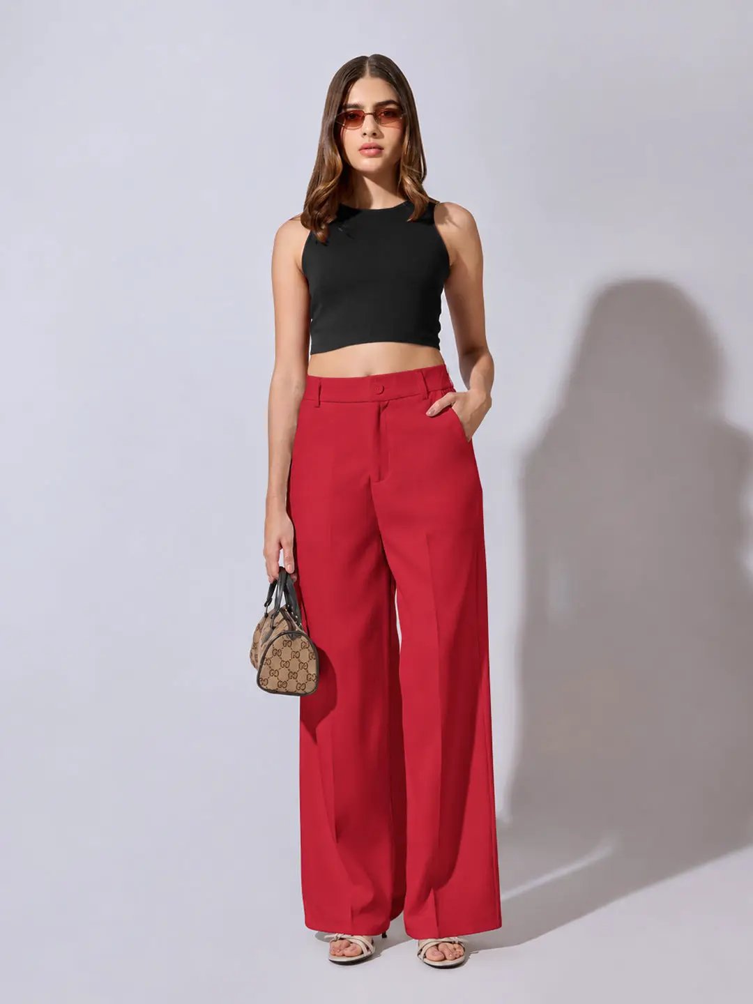 Women's Red High Rise Relaxed Fit Wide Leg Trousers with Side Pockets