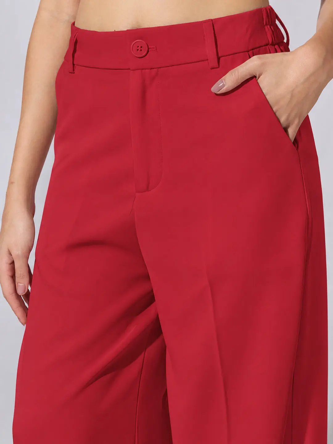 Women's Red High Rise Relaxed Fit Wide Leg Trousers with Side Pockets