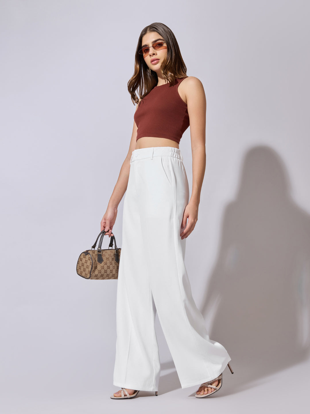 Women's White High Waist Wide Leg Trousers