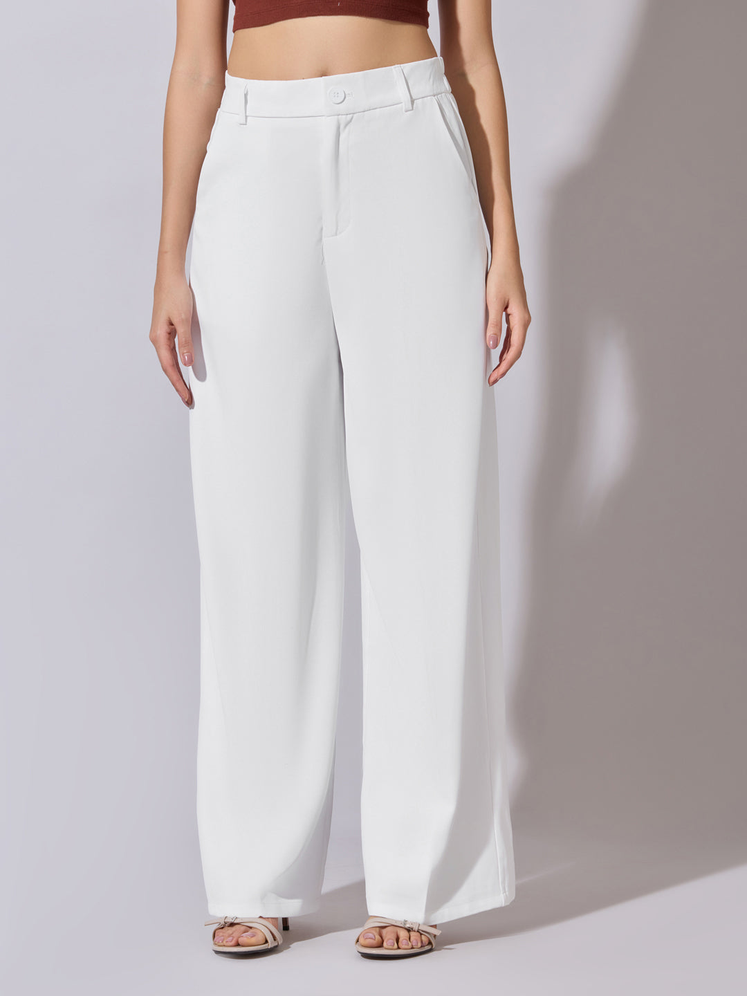 Women's White High Waist Wide Leg Trousers