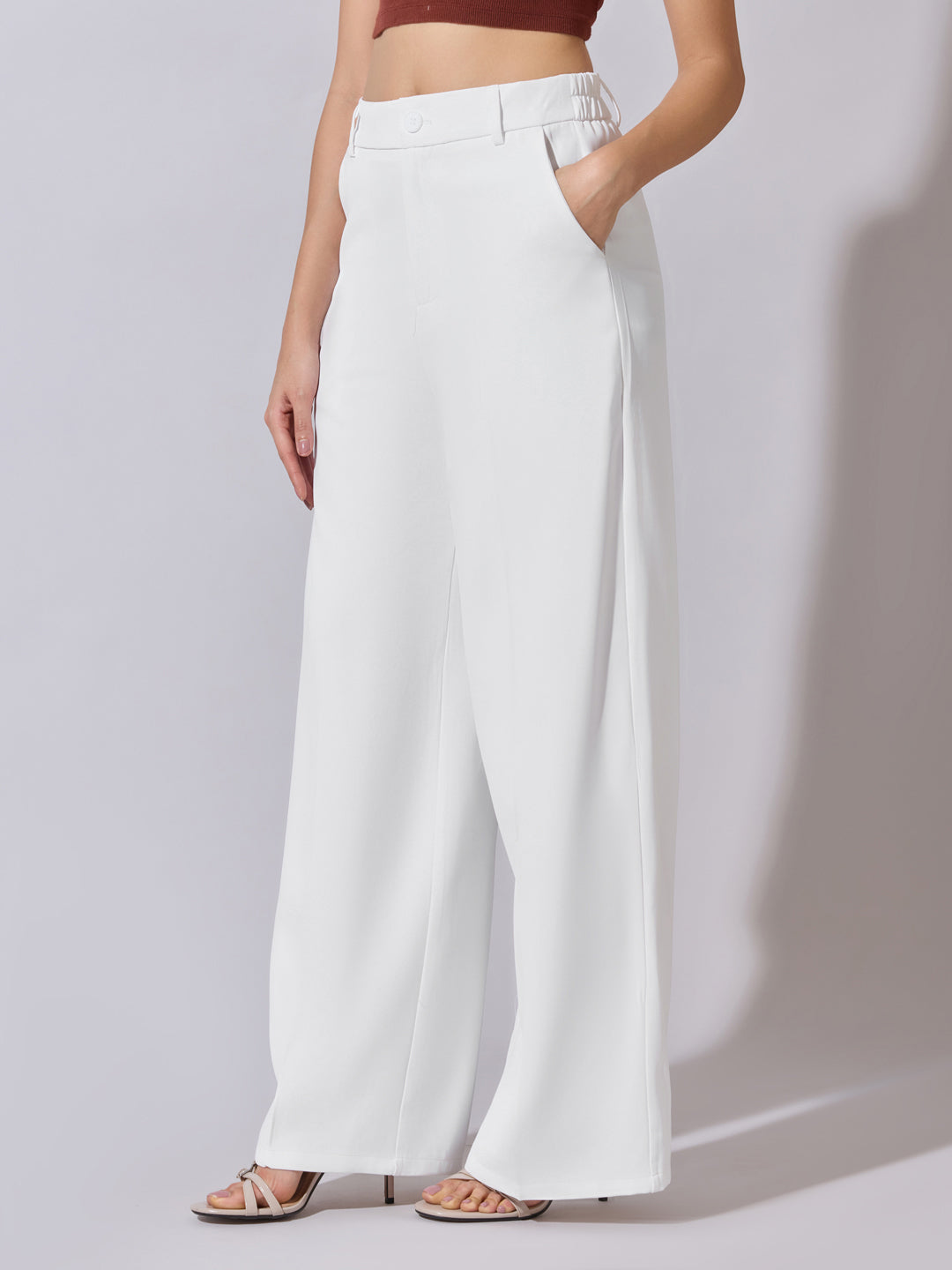 Women's White High Waist Wide Leg Trousers