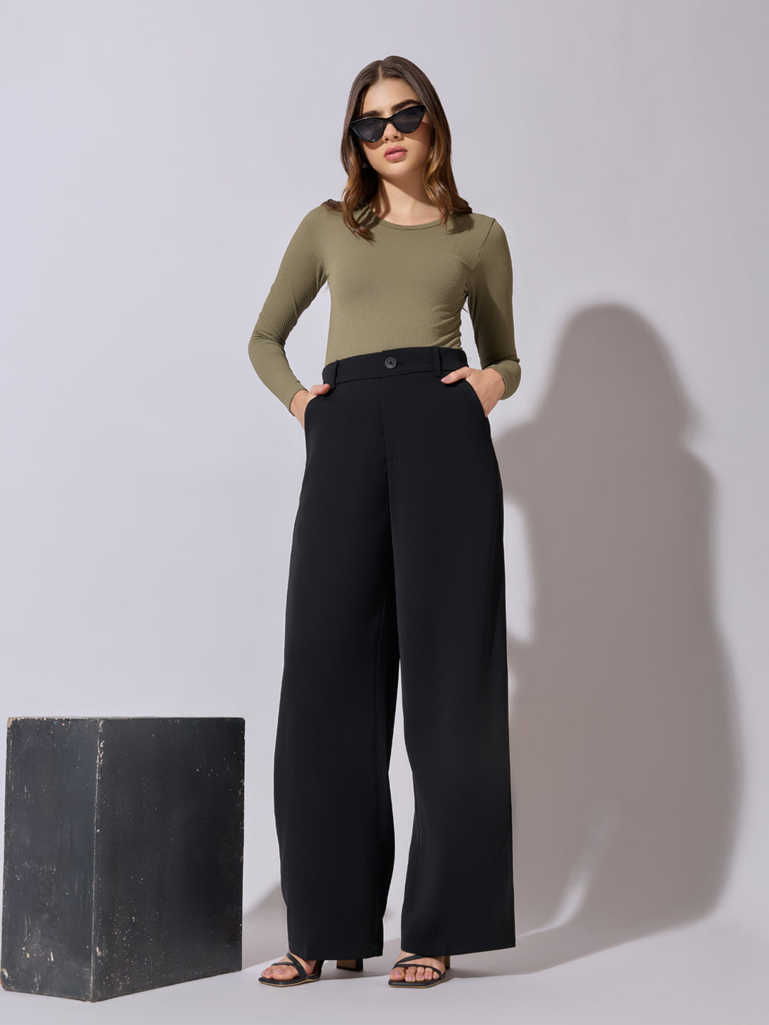Women's Black High Waist Wide Leg Trousers