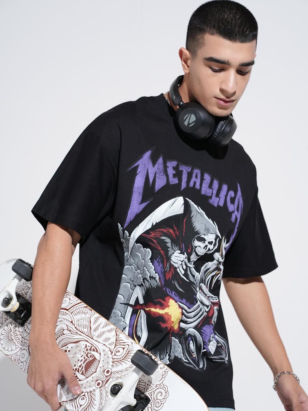 Men's Graphic Print Black Short Sleeves Round Neck Oversized T-Shirt