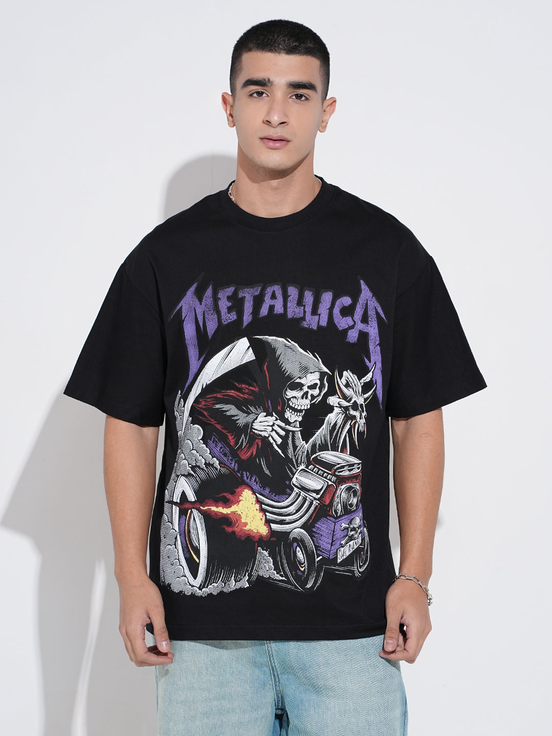 Men's Graphic Print Black Short Sleeves Round Neck Oversized T-Shirt