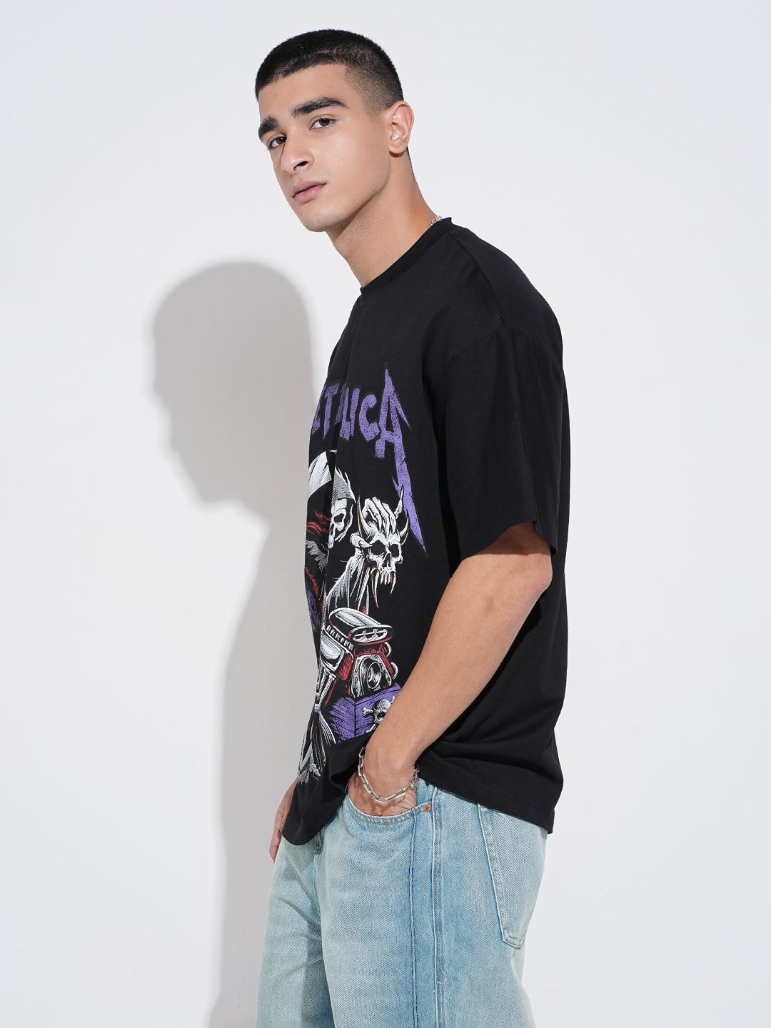 Men's Graphic Print Black Short Sleeves Round Neck Oversized T-Shirt