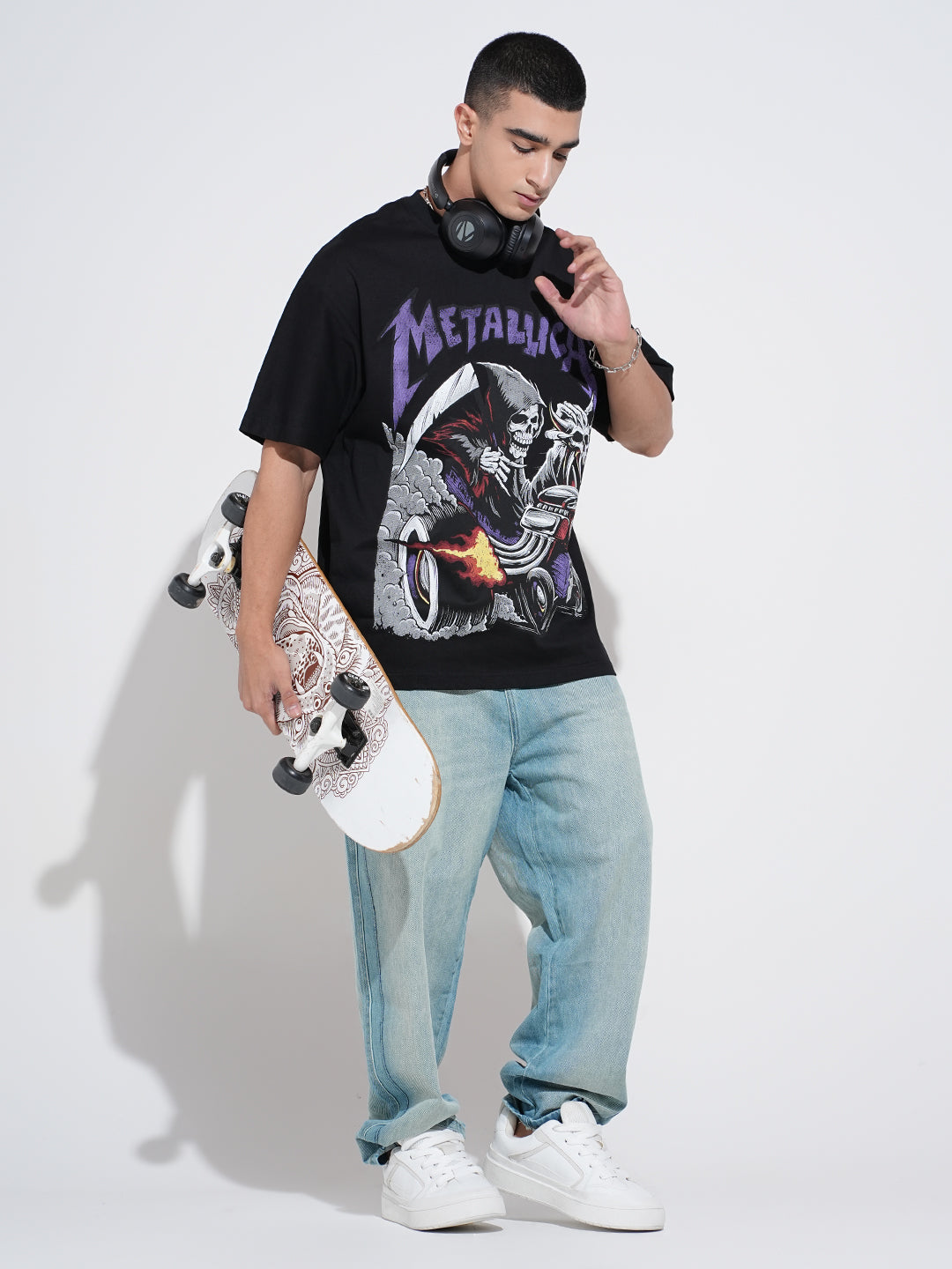 Men's Graphic Print Black Short Sleeves Round Neck Oversized T-Shirt