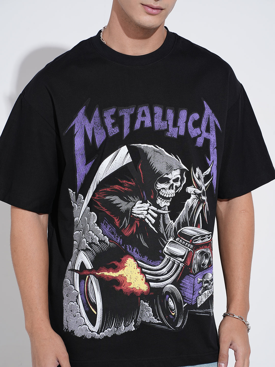 Men's Graphic Print Black Short Sleeves Round Neck Oversized T-Shirt