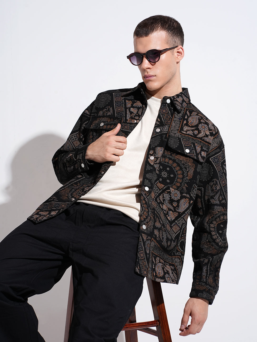 Men's Geometric Black Button Down Shacket