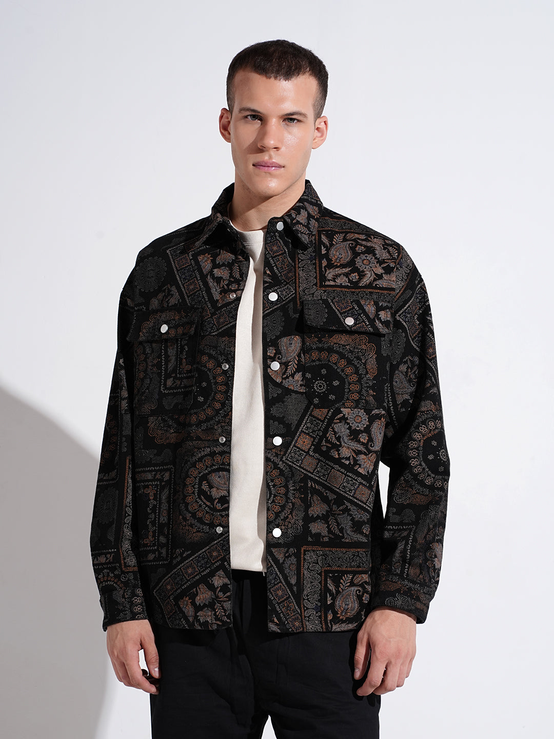 Men's Geometric Black Button Down Shacket