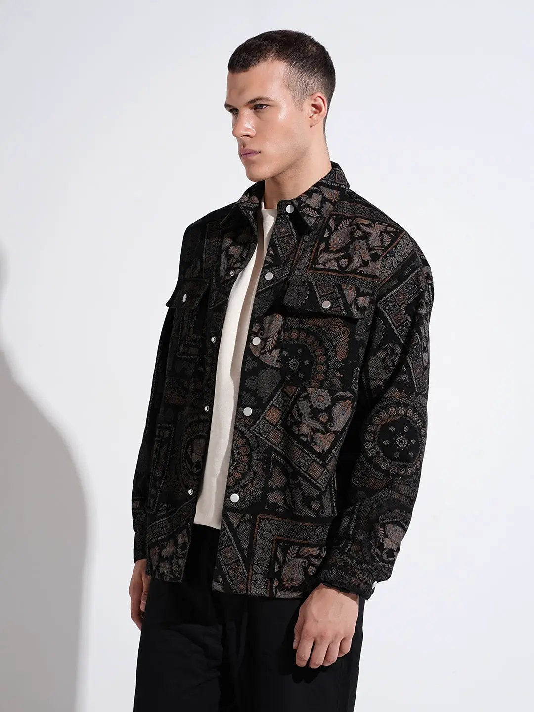 Men's Geometric Black Button Down Shacket - from SHOWOFFFF