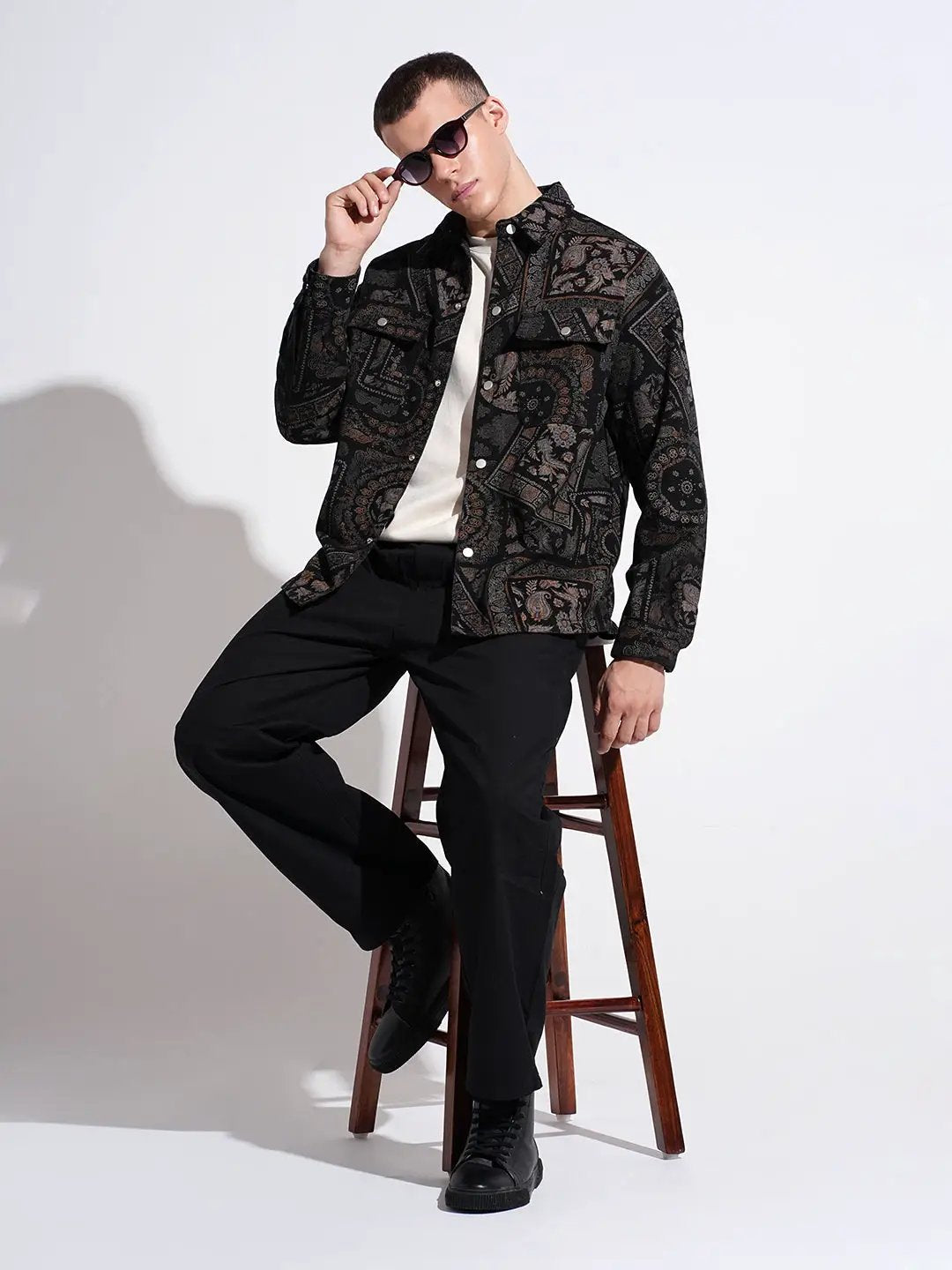 Men's Geometric Black Button Down Shacket - from SHOWOFFFF