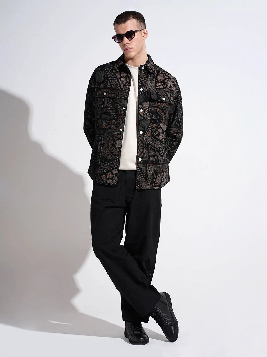 Men's Geometric Black Button Down Shacket - from SHOWOFFFF