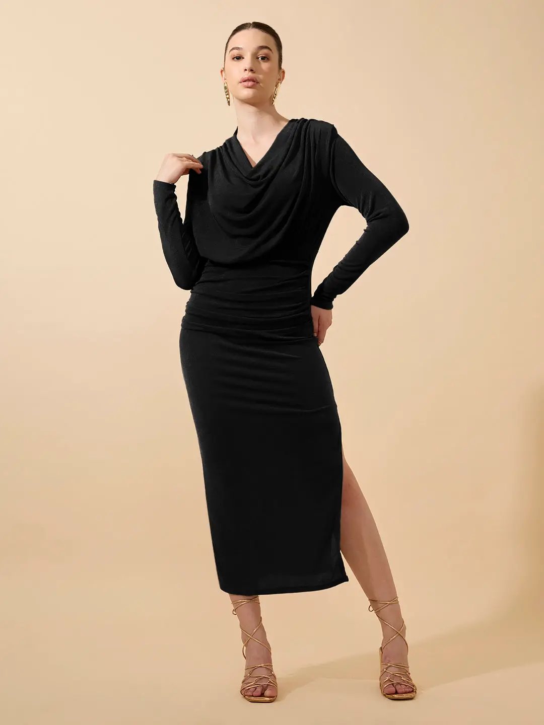 Shop Women's Draped Velvet Black Bodycon Maxi Dress with Side Slit| Showoffff Shop Women's Draped Velvet Black Bodycon Maxi Dress with Side Slit| Showoffff
