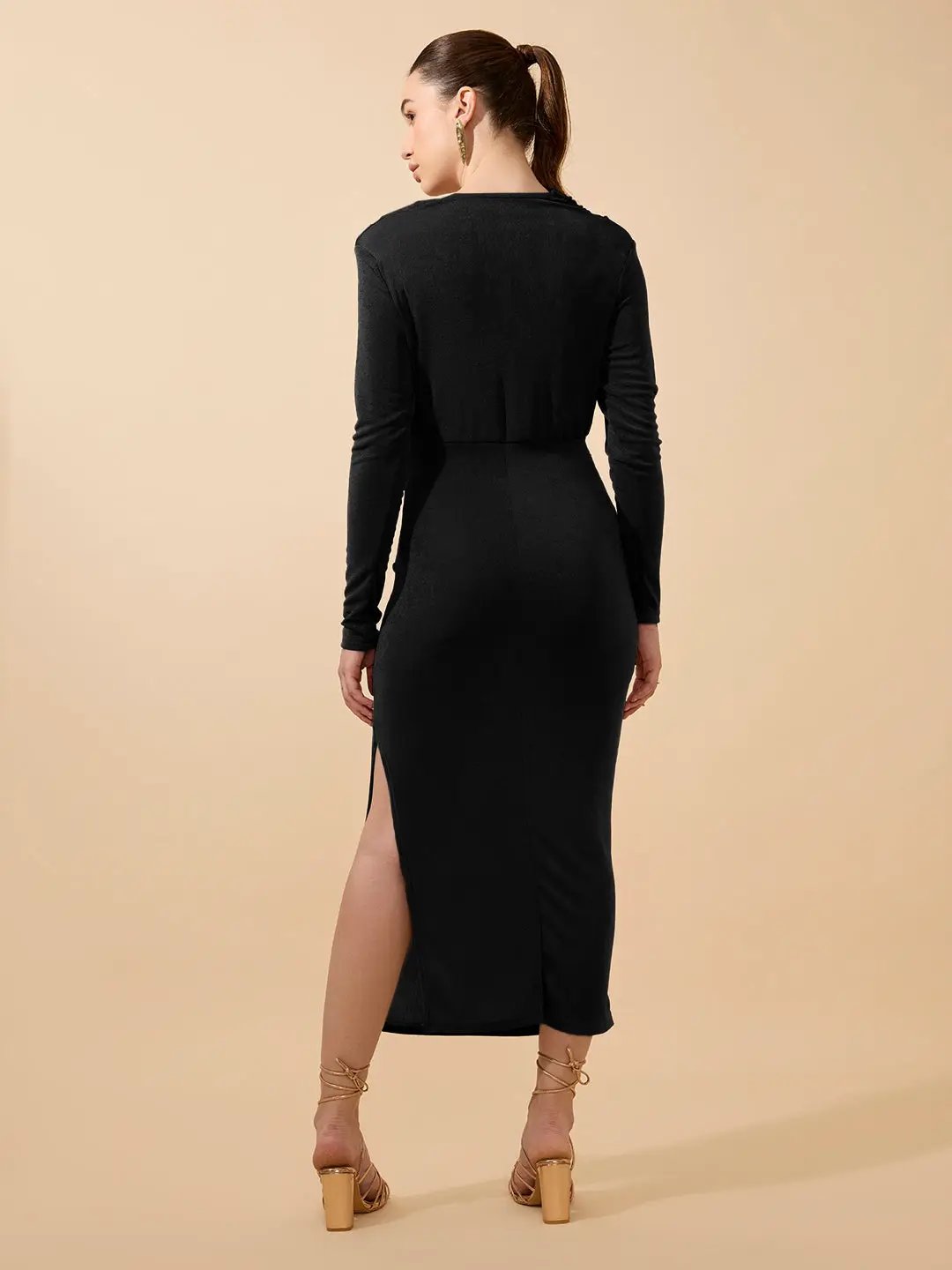Shop Women's Draped Velvet Black Bodycon Maxi Dress with Side Slit| Showoffff Shop Women's Draped Velvet Black Bodycon Maxi Dress with Side Slit| Showoffff