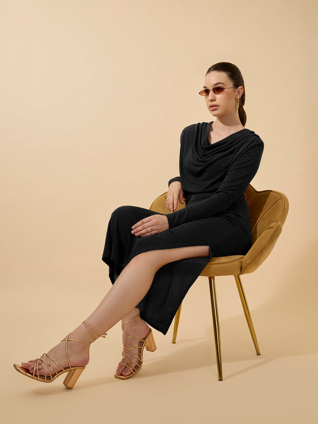 Women's Draped Velvet Black Bodycon Maxi Dress with Side Slit