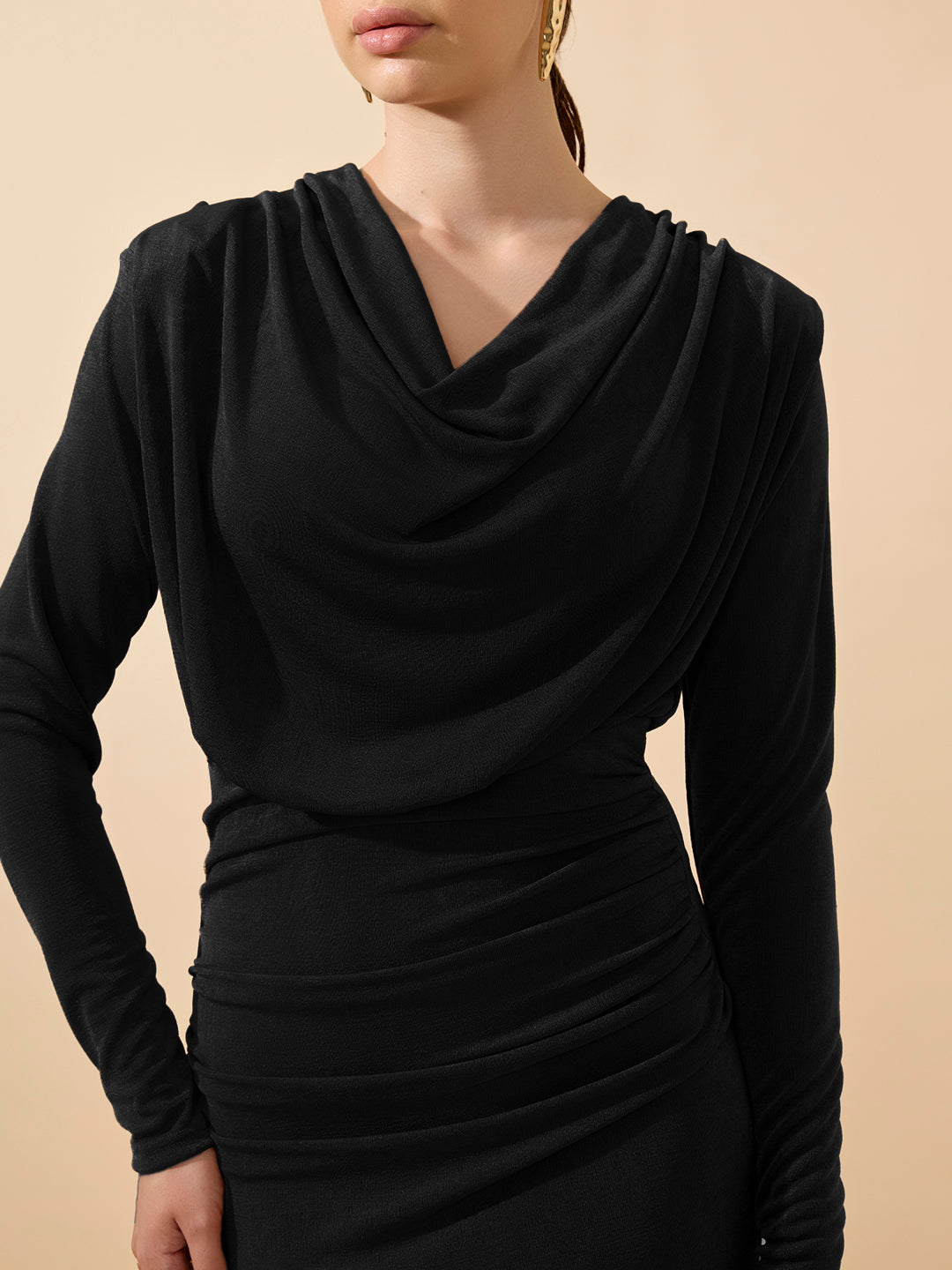 Women's Draped Velvet Black Bodycon Maxi Dress with Side Slit