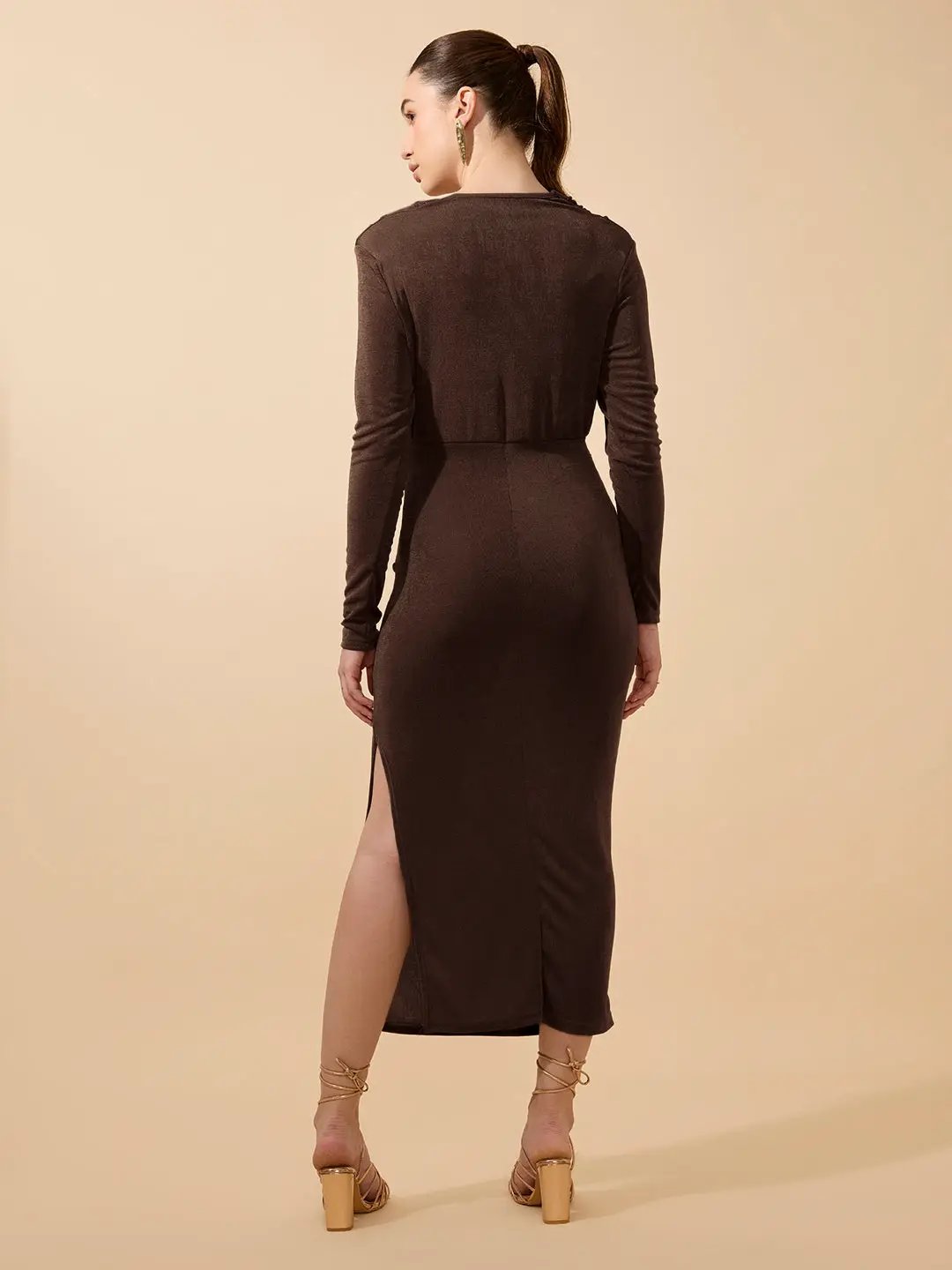 Shop Women's Draped Velvet Brown Bodycon Maxi Dress with Side Slit| Showoffff Shop Women's Draped Velvet Brown Bodycon Maxi Dress with Side Slit| Showoffff