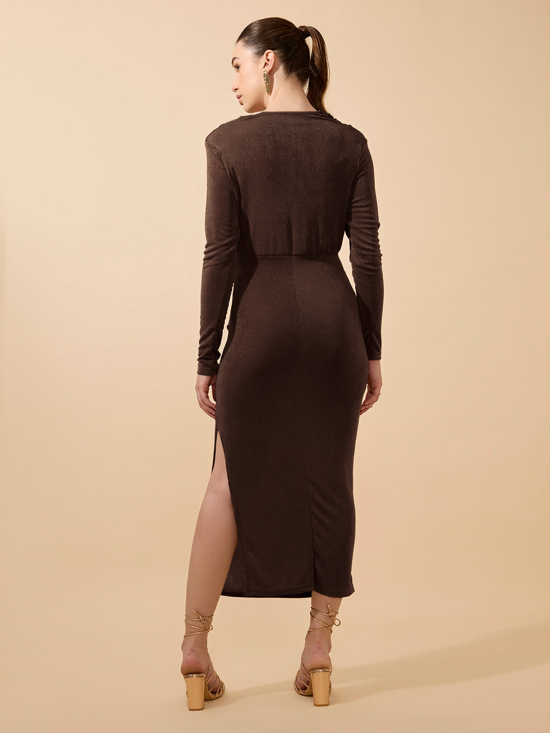 Women's Draped Velvet Brown Bodycon Maxi Dress with Side Slit