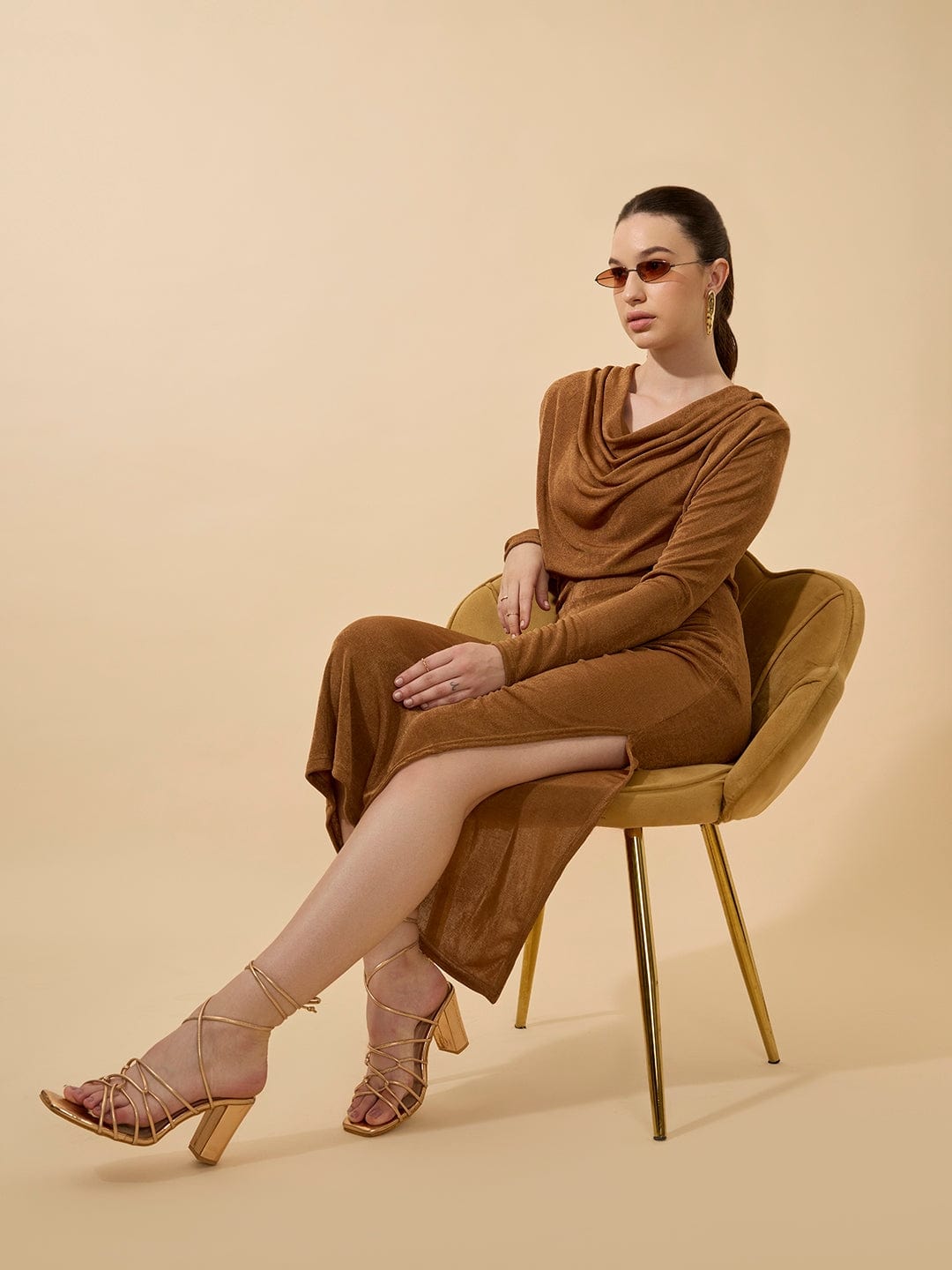 Women's Draped Velvet Camel Brown Bodycon Maxi Dress with Side Slit