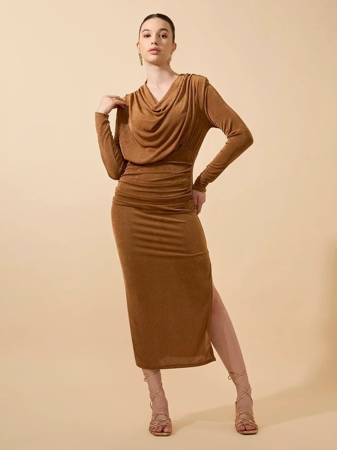 Shop Women's Draped Velvet Camel Brown Bodycon Maxi Dress with Side Slit| Showoffff Shop Women's Draped Velvet Camel Brown Bodycon Maxi Dress with Side Slit| Showoffff
