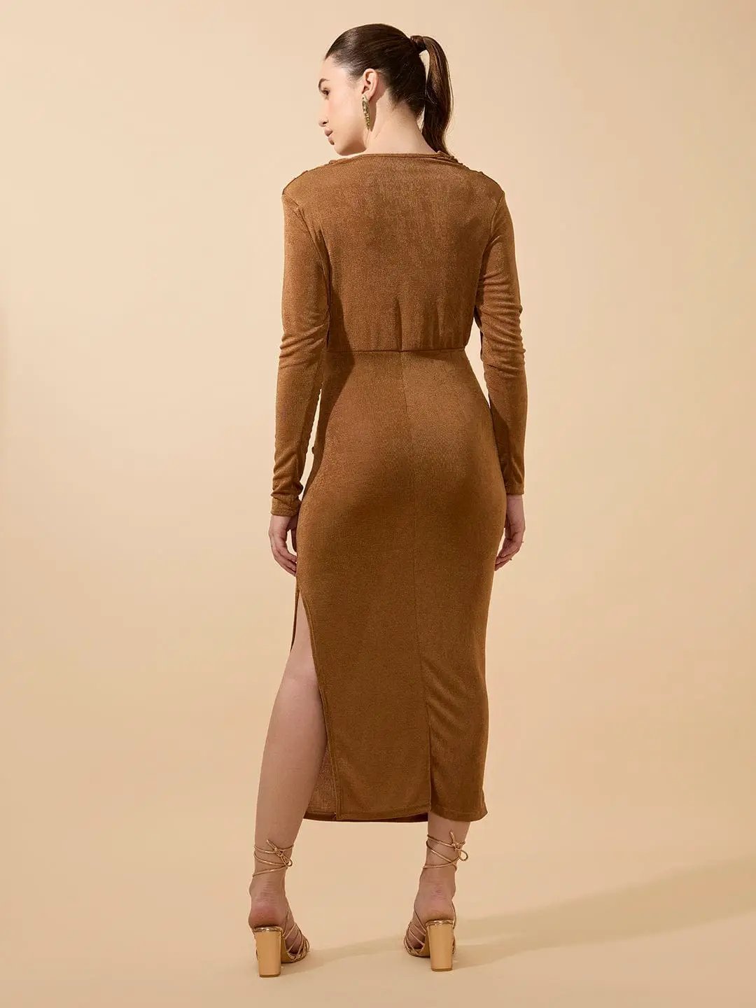 Shop Women's Draped Velvet Camel Brown Bodycon Maxi Dress with Side Slit| Showoffff Shop Women's Draped Velvet Camel Brown Bodycon Maxi Dress with Side Slit| Showoffff