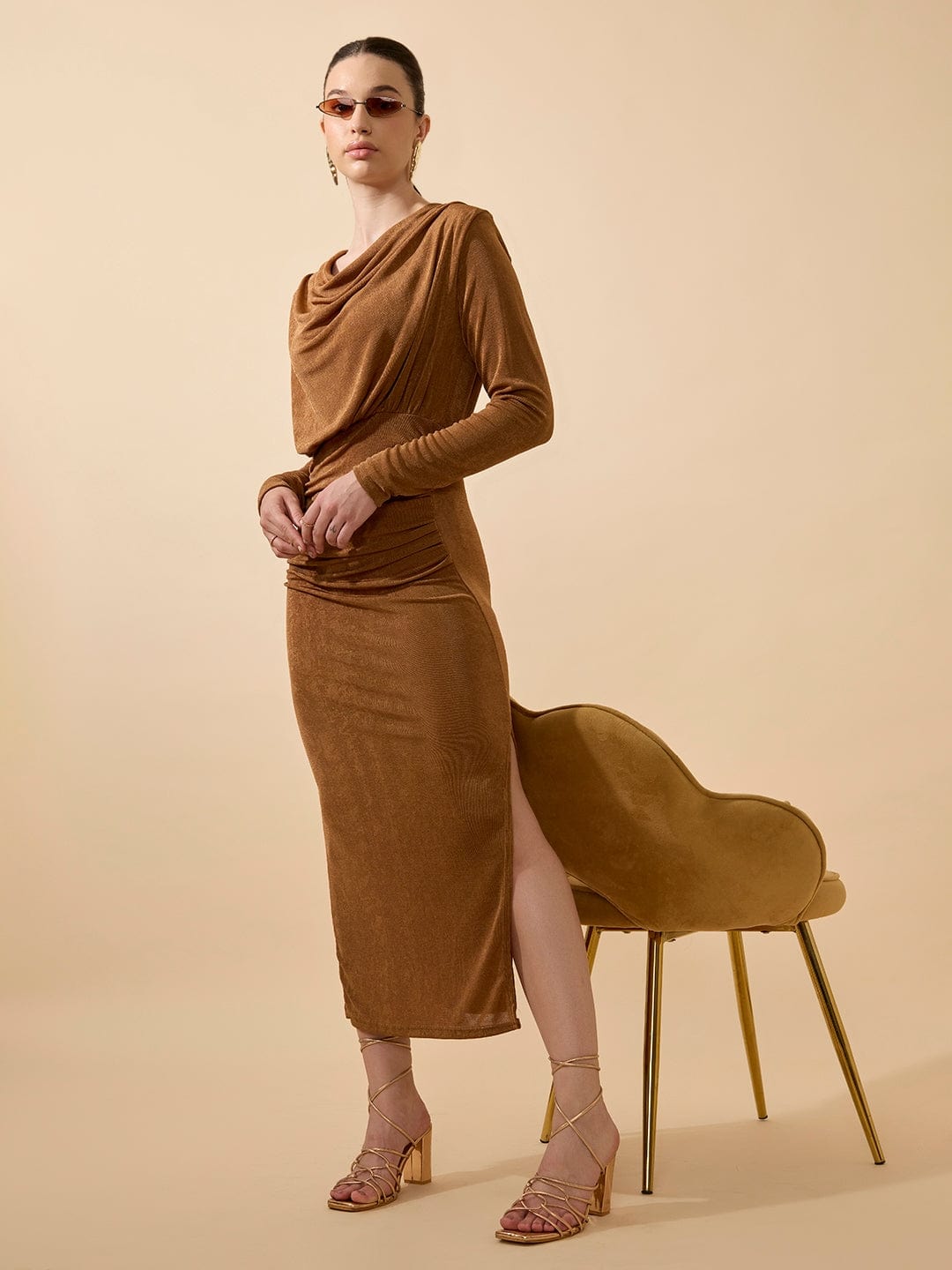 Women's Draped Velvet Camel Brown Bodycon Maxi Dress with Side Slit