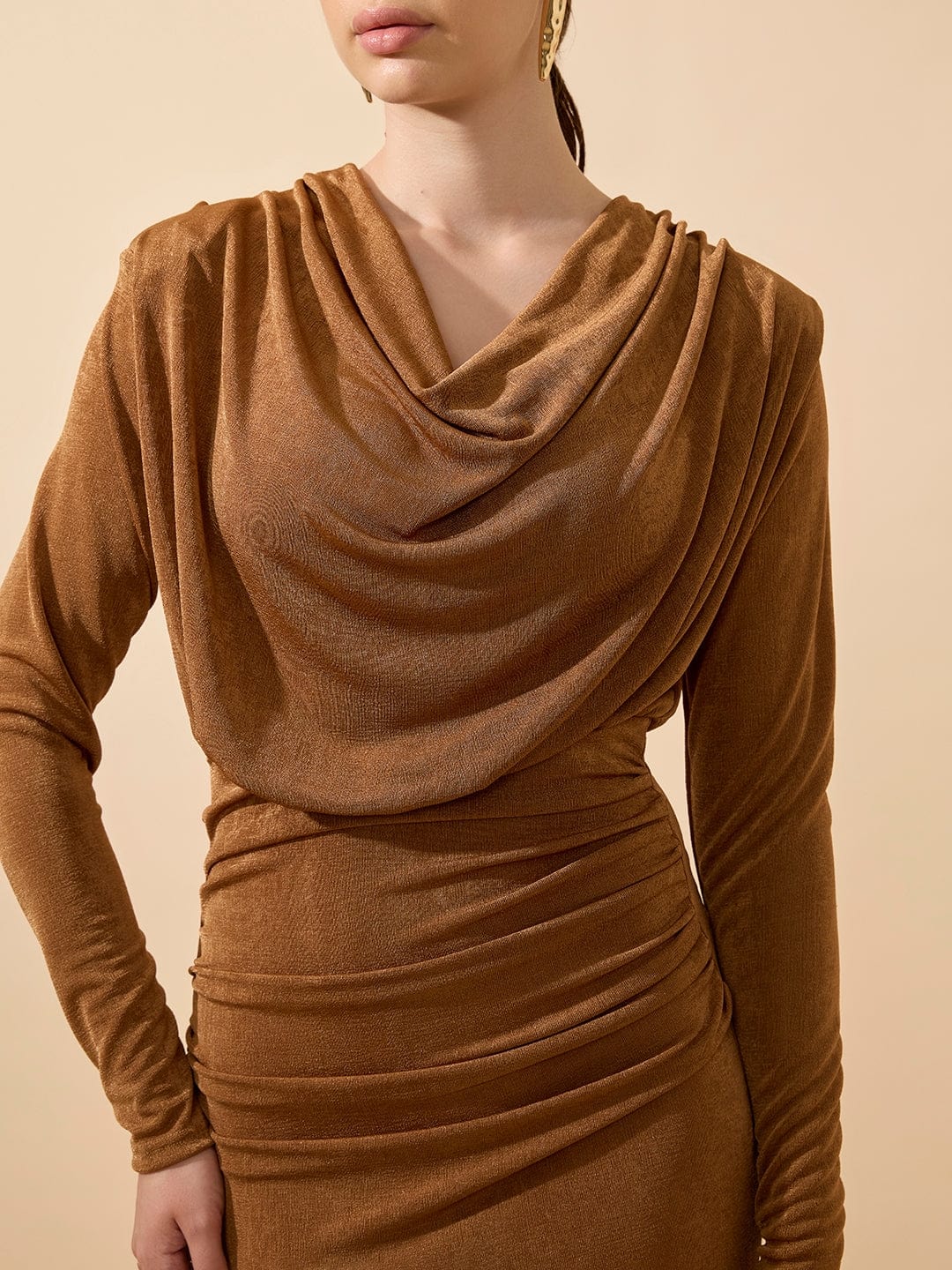 Women's Draped Velvet Camel Brown Bodycon Maxi Dress with Side Slit