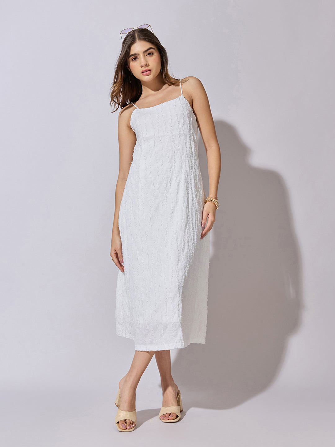 Women's Textured White A-Line Midi Dress