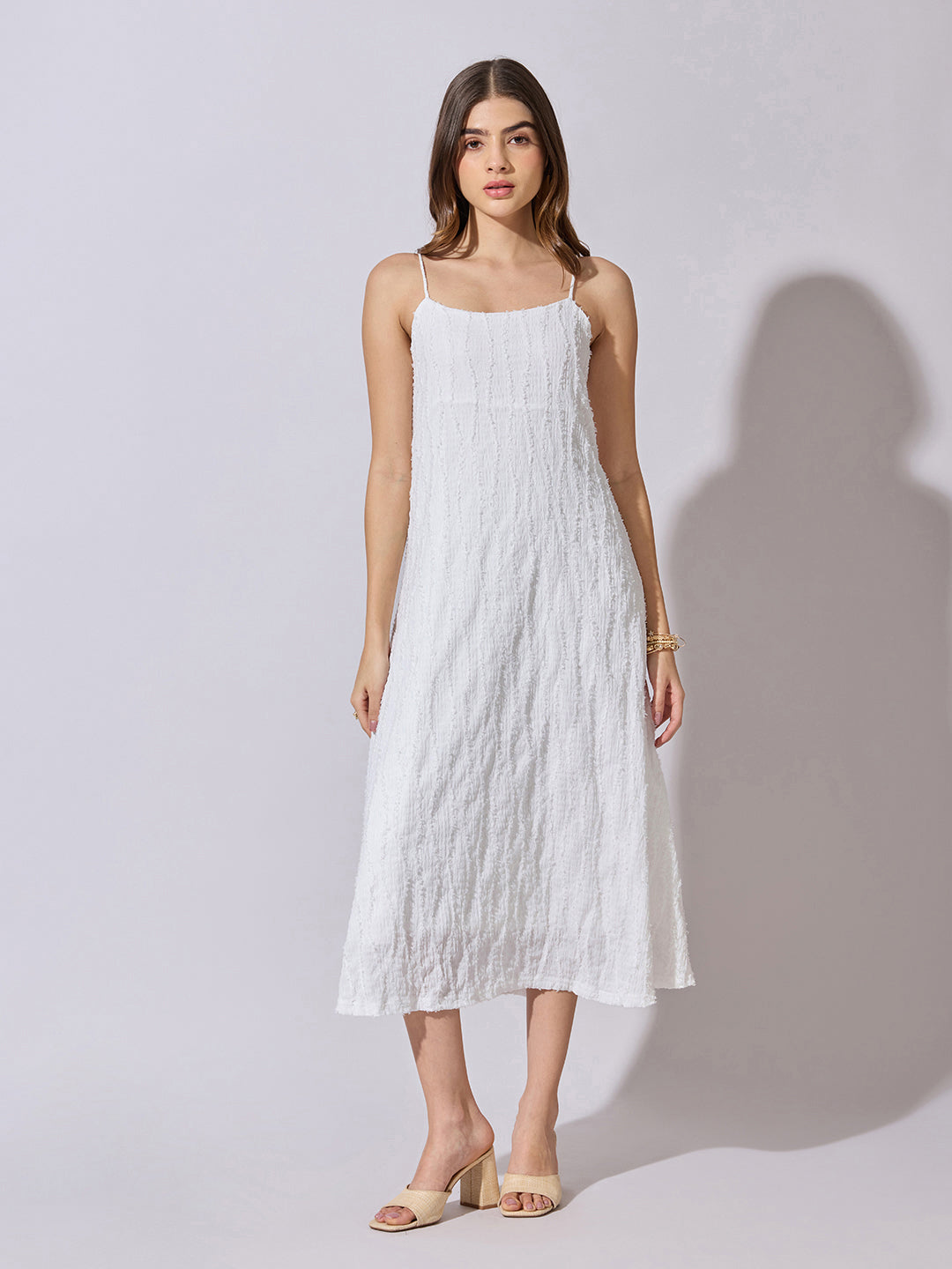 Women's Textured White A-Line Midi Dress
