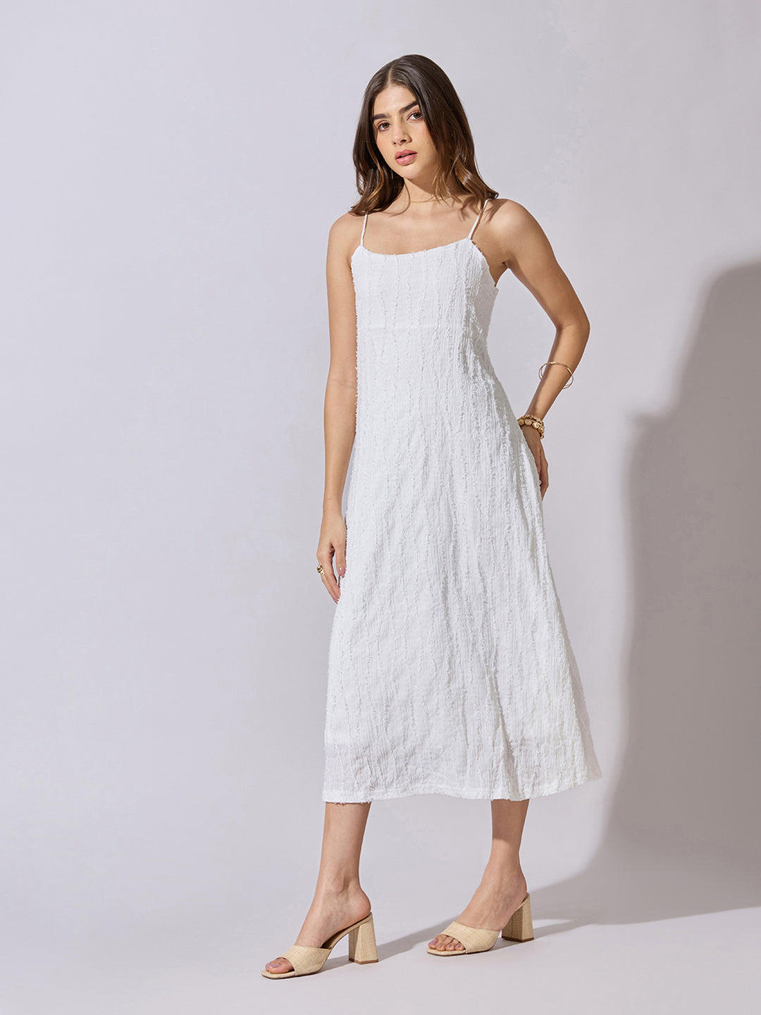 Women's Textured White A-Line Midi Dress